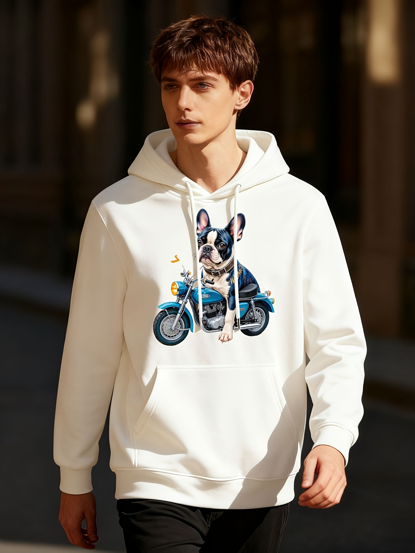 Tailorly Men's Printed Hoodie - Colorful City Dog Wearing Glasses Riding Blue Classic Motorcycle