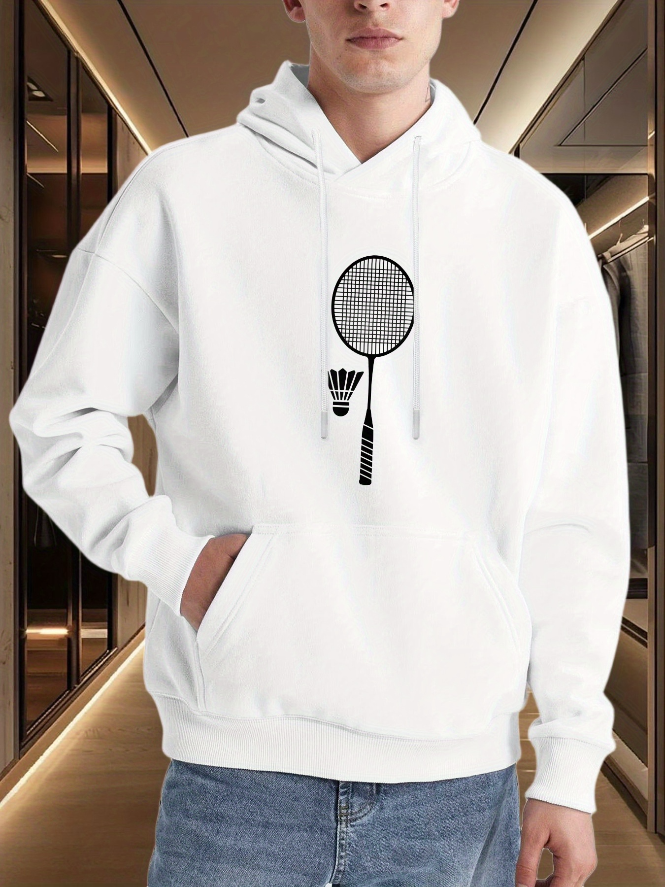 Tailorly Men's Printed Hoodie - Minimalist Design With Shuttlecock And Racket Sports Equipment