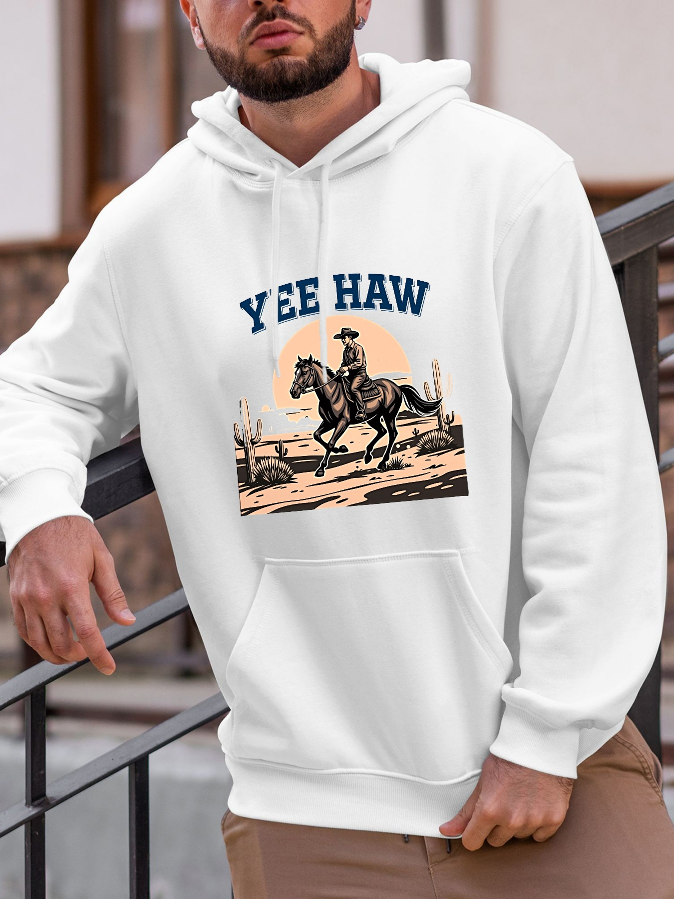 Tailorly Men's Printed Hoodie - Yee Haw Cowboy Riding In Desert At Sunset With Cacti And Dust Horse