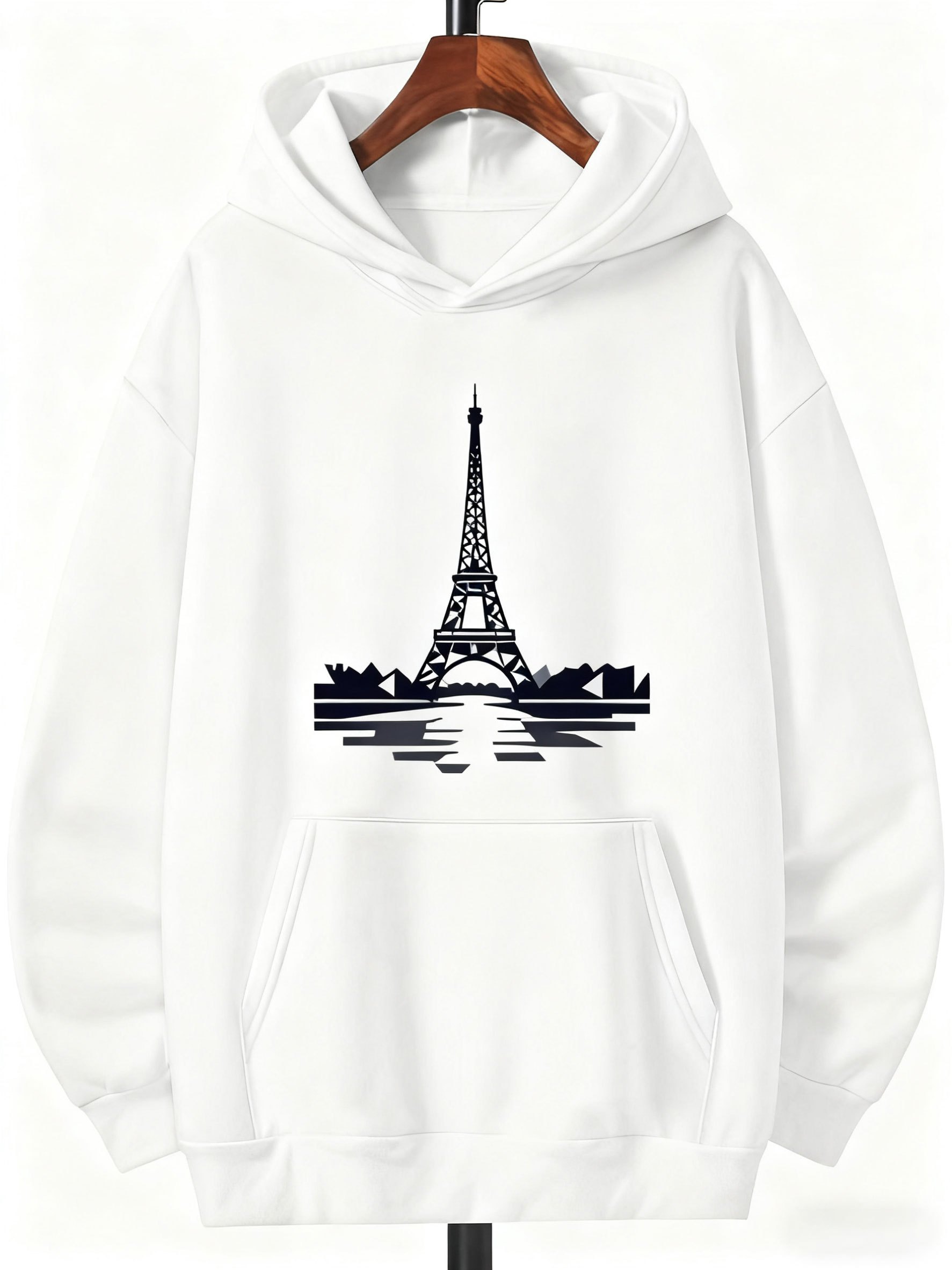 Tailorly Men's Printed Hoodie - Reflective City Skyline Under Moonlit Calm Water Eiffel Tower