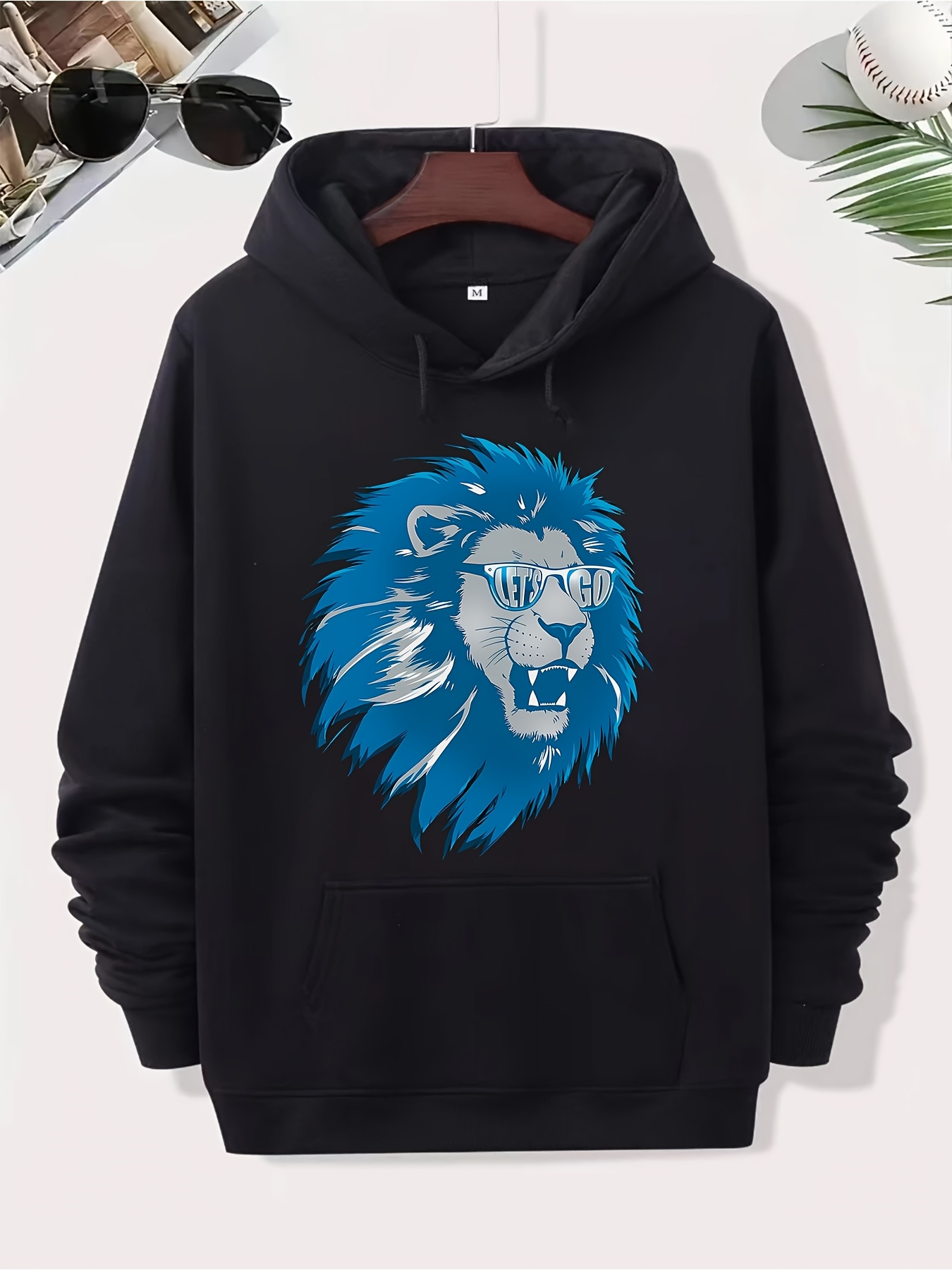 Tailorly Men's Printed Hoodie - Blue Mane Growling Lion Head Center Hoodie