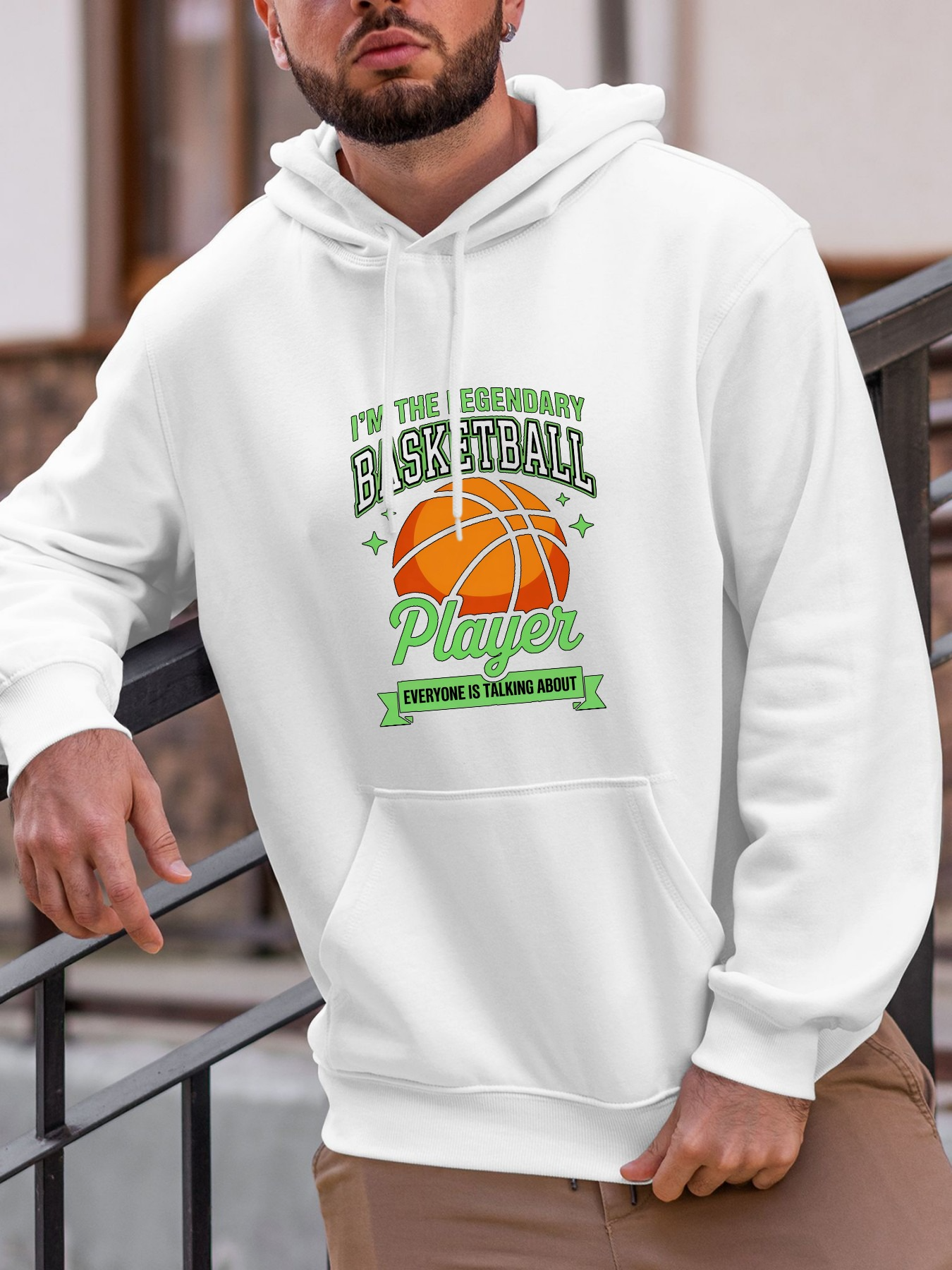 Tailorly Men's Printed Hoodie - Legendary Skills With Green Letters Orange Basketball Player