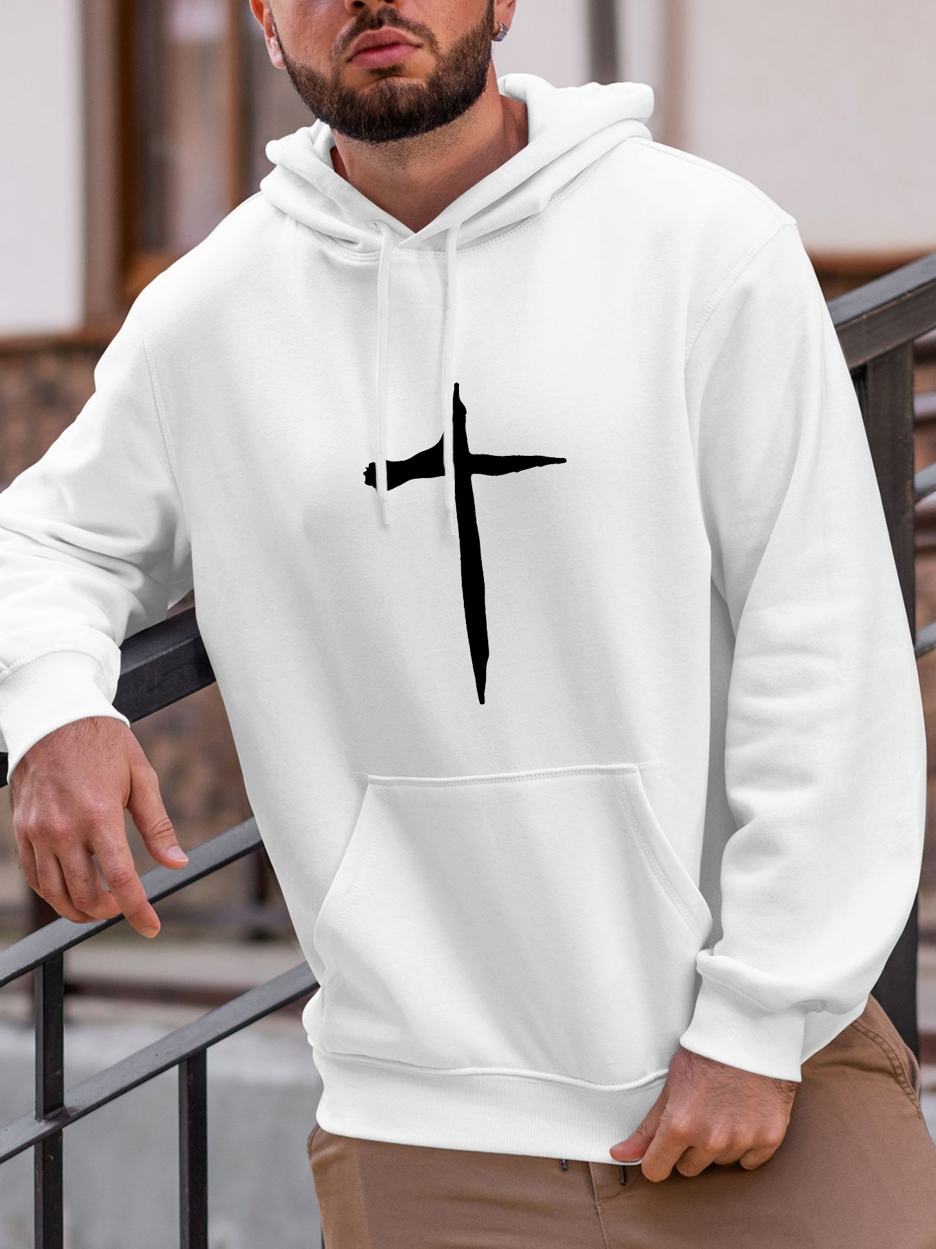 Tailorly Men's Printed Hoodie - Minimalist Black Brushstroke Design With Simple Religious Symbol Cross