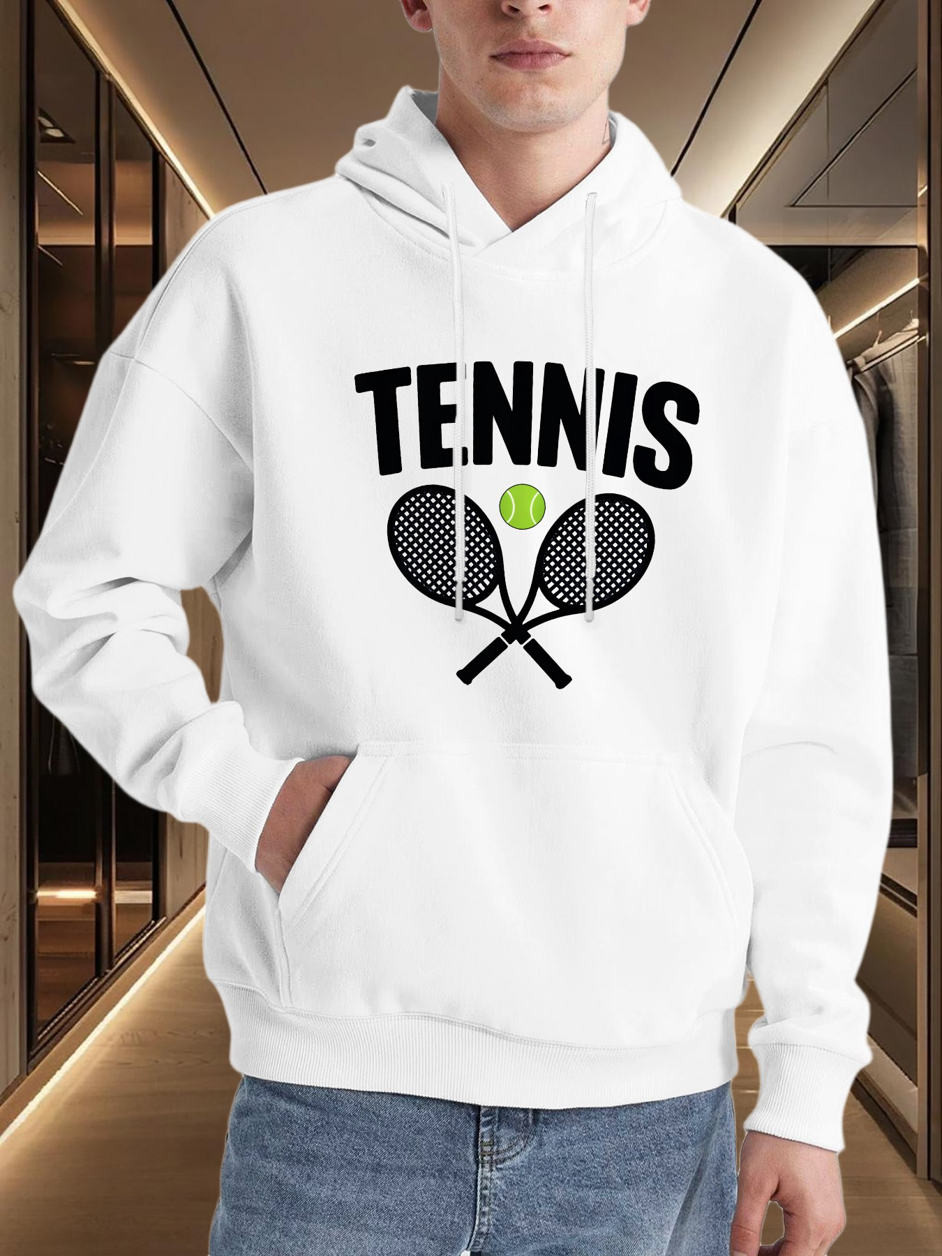 Tailorly Men's Printed Hoodie - Tennis Two Black Rackets With Neon Green Ball Crossing