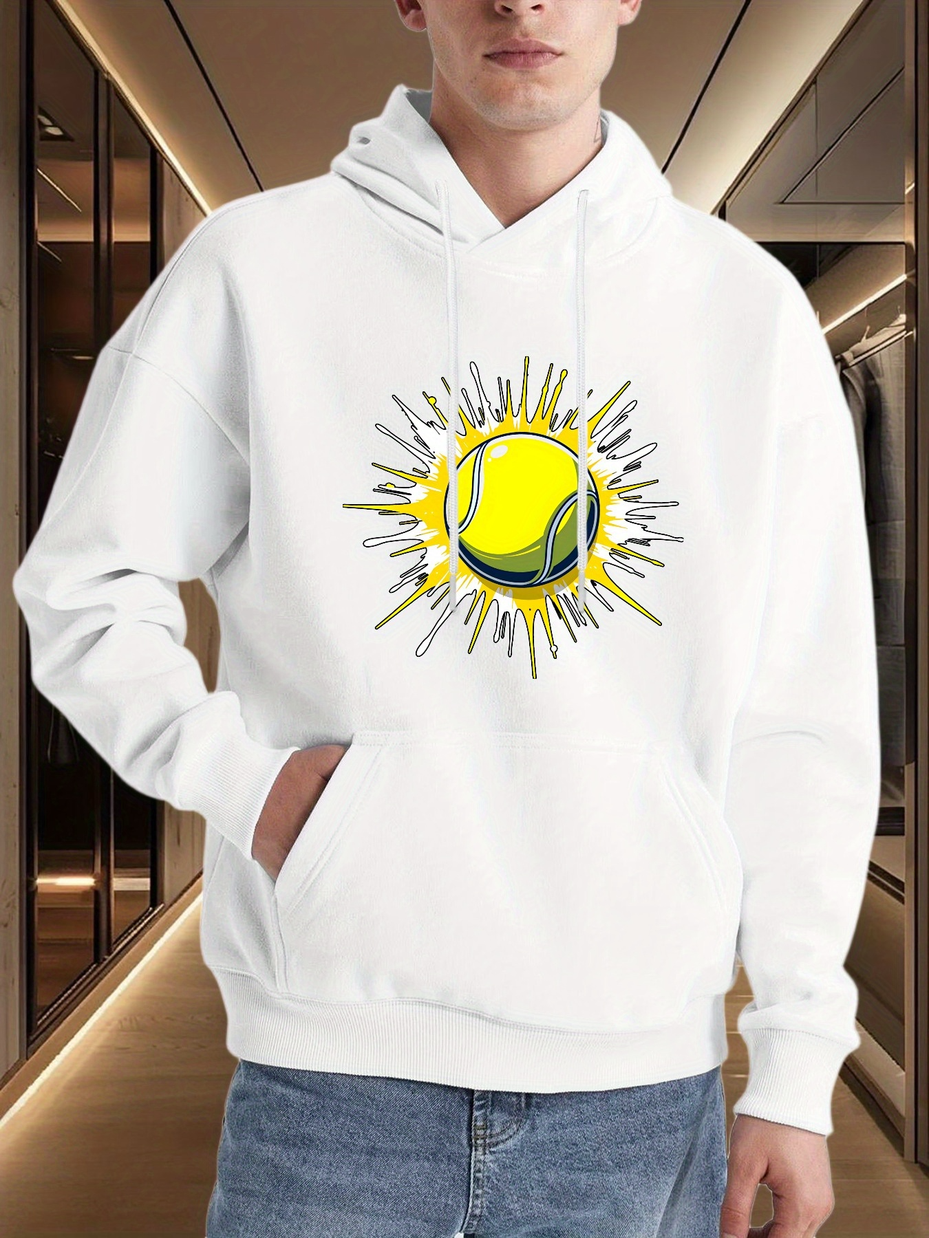 Tailorly Men's Printed Hoodie - Radiant Yellow Sunburst With Vibrant Brushstroke Accents Shining Tennis Ball