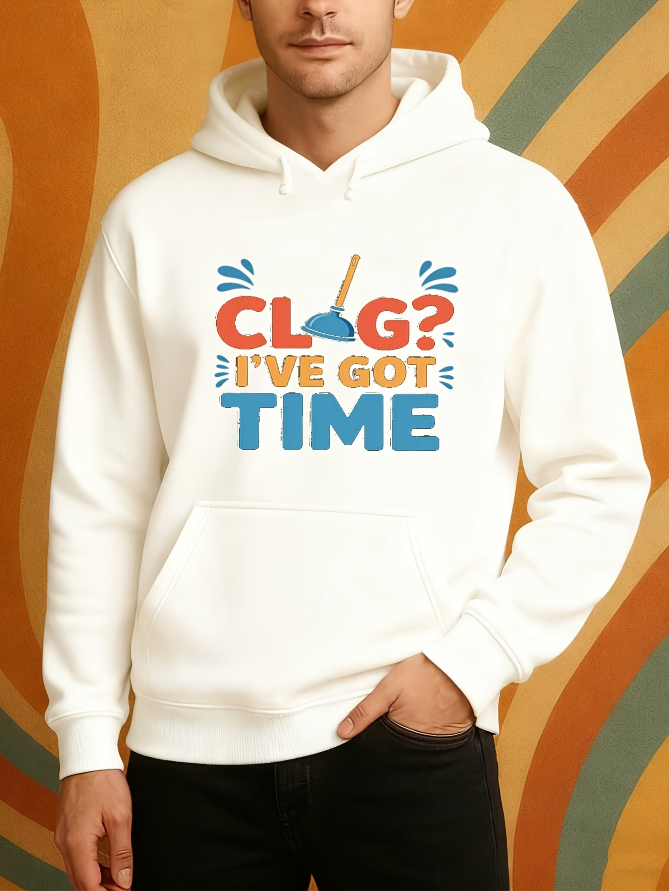 Tailorly Men's Printed Hoodie - Clog Ive Got Time Vibrant Letters And Plunger Among Cartoon Style Splash Art Hoodie