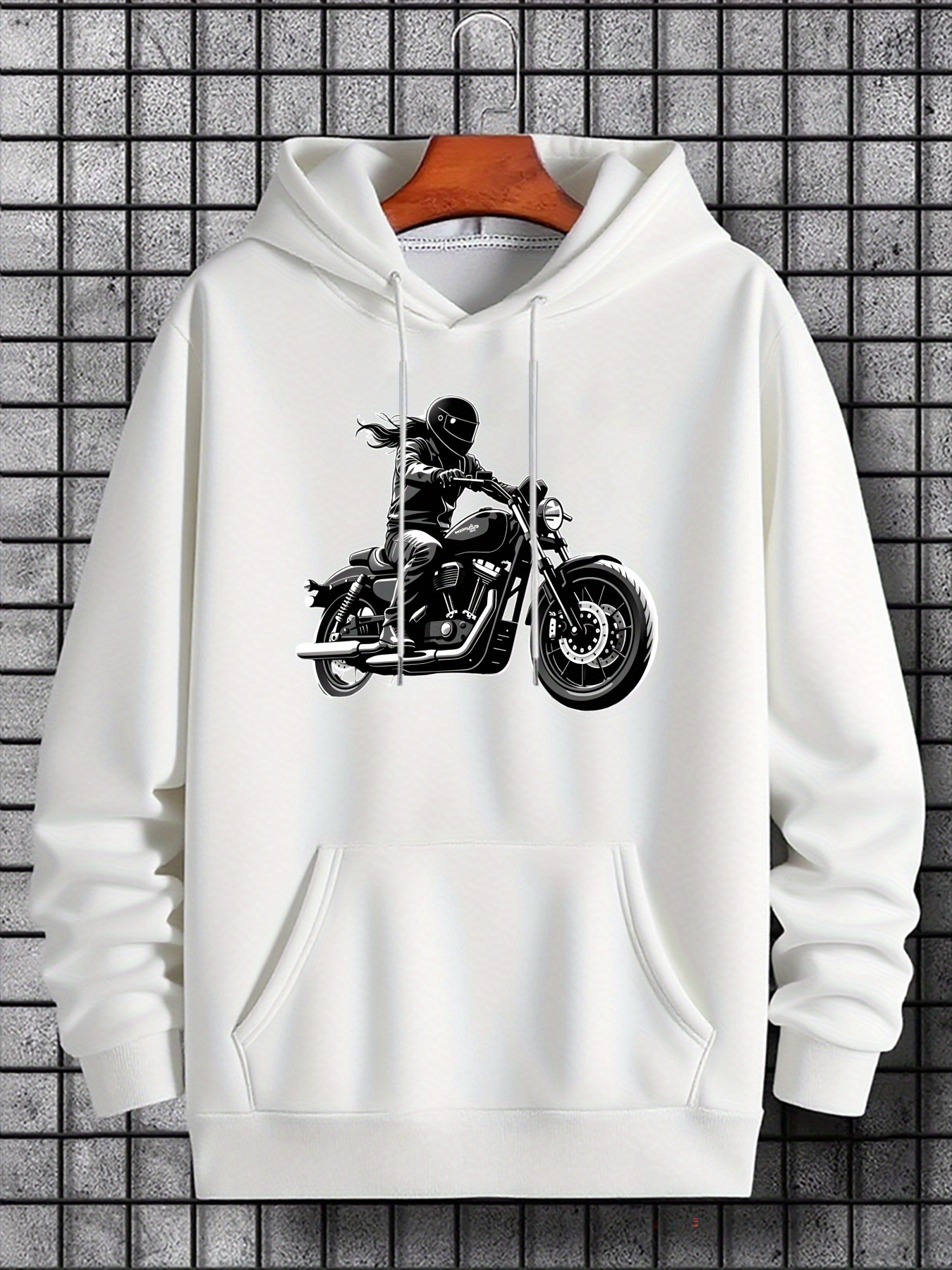 Tailorly Men's Printed Hoodie - Adventurous Urban Motif With Rider Pointing On Powerful Classic Motorcycle