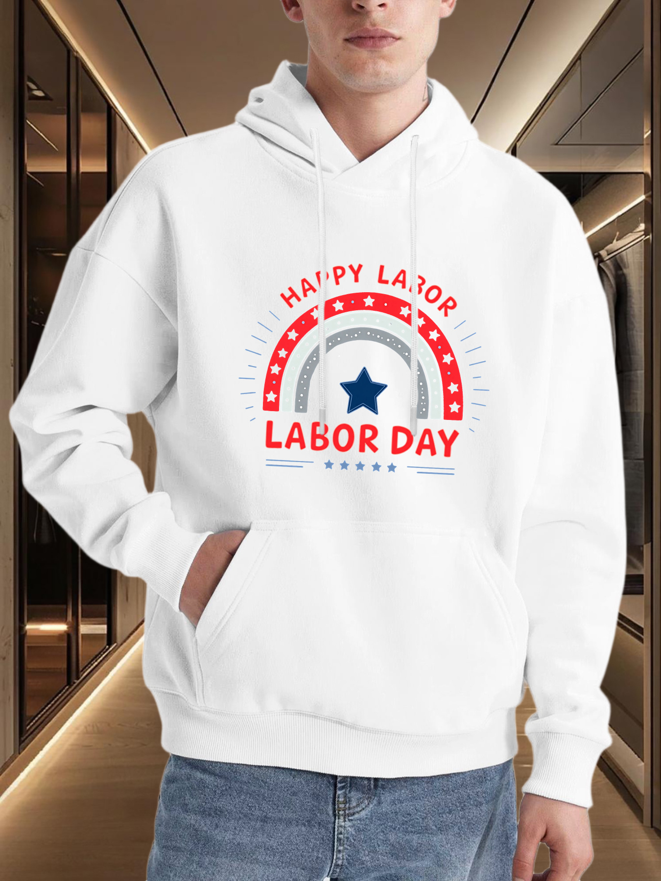 Tailorly Men's Printed Hoodie - Happy Labor Day Red And Blue Rainbow With Star Elements Hoodie