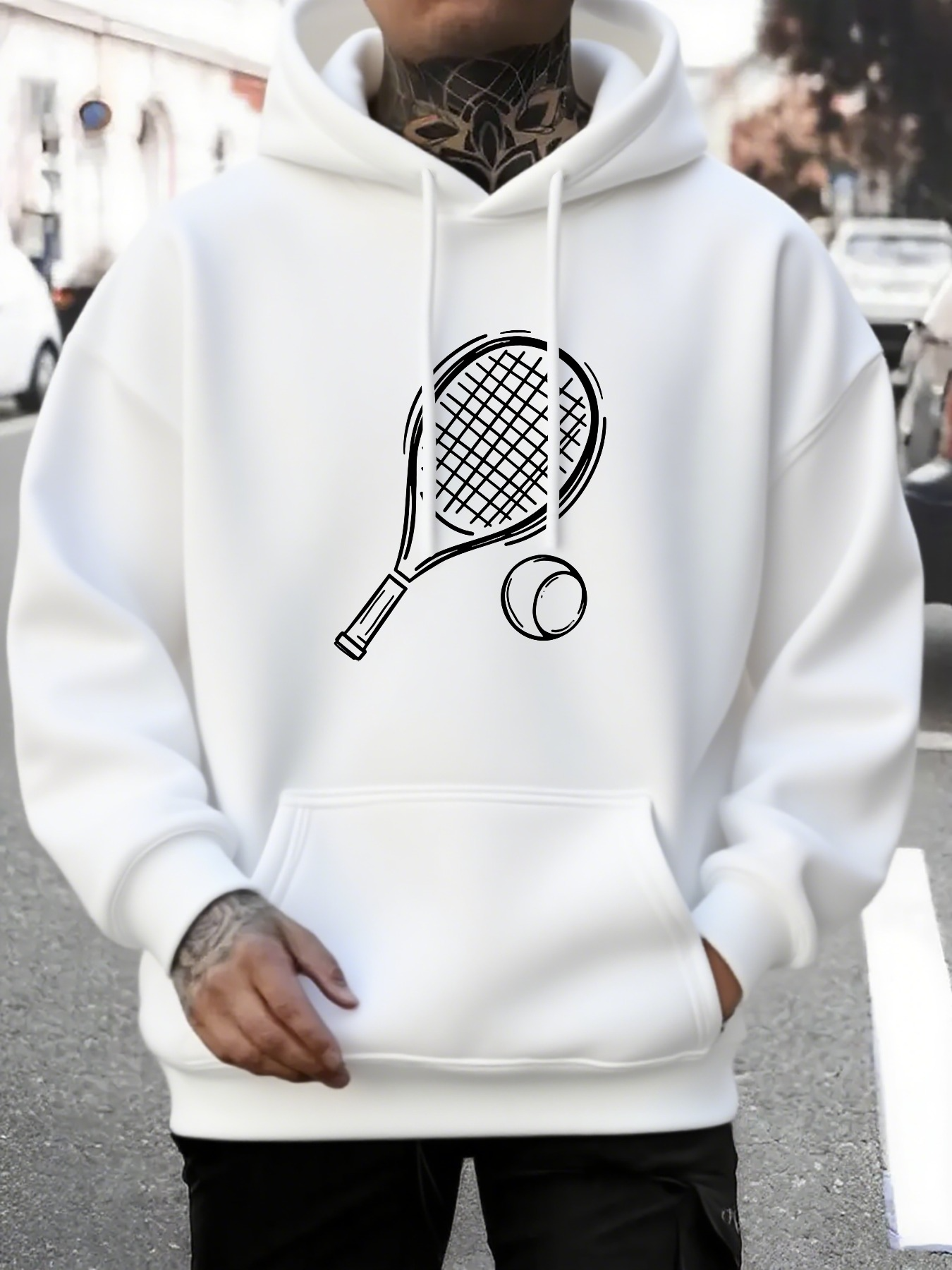 Tailorly Men's Printed Hoodie - Minimalist Tennis Racket And Ball Line Drawing Hoodie