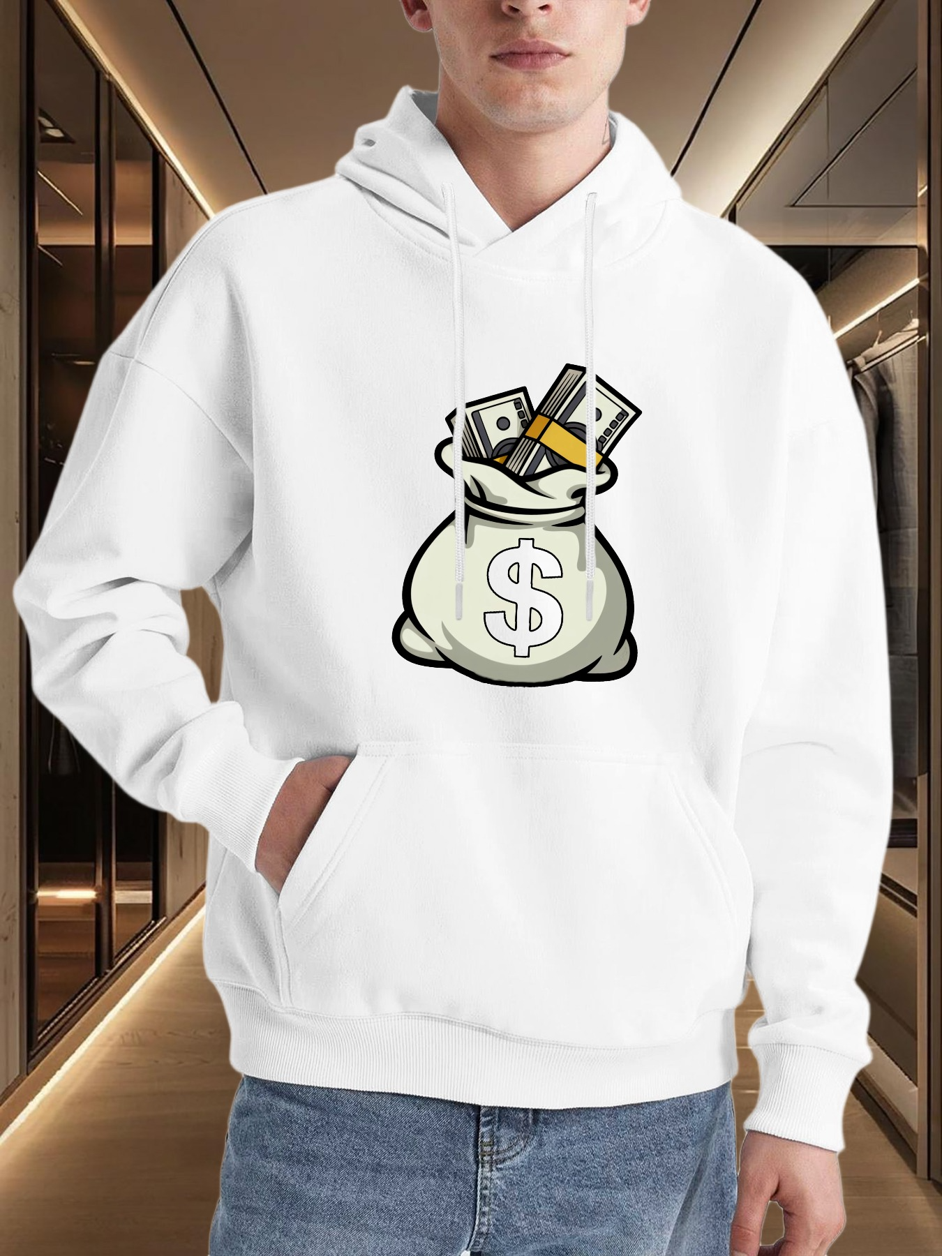 Tailorly Men's Printed Hoodie - Crisp White Cotton Hoodie With Cartoon Money Bag And Dollar Bills Design