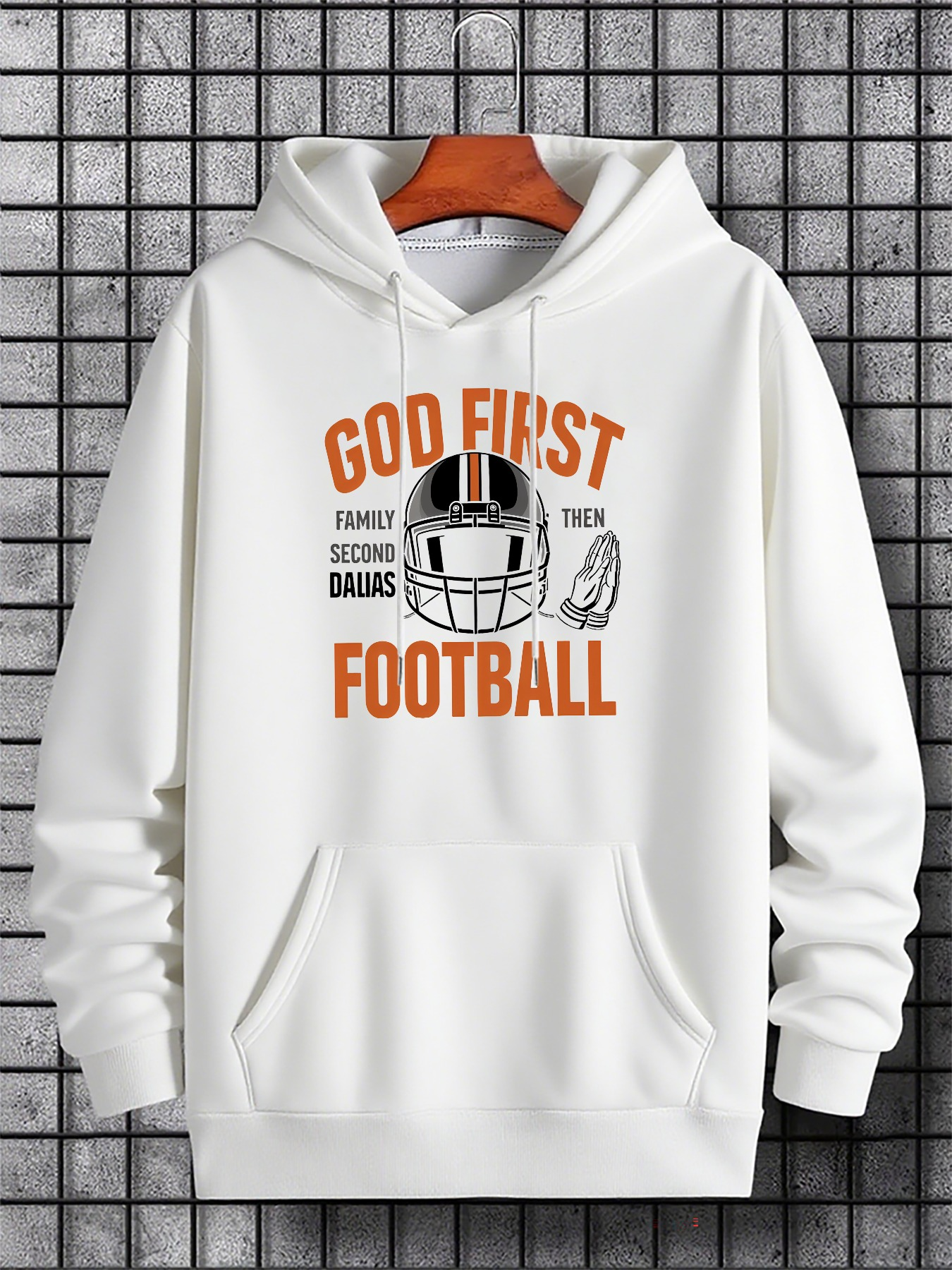 Tailorly Men's Printed Hoodie - God First Helmet And Ball On White Football Hoodie