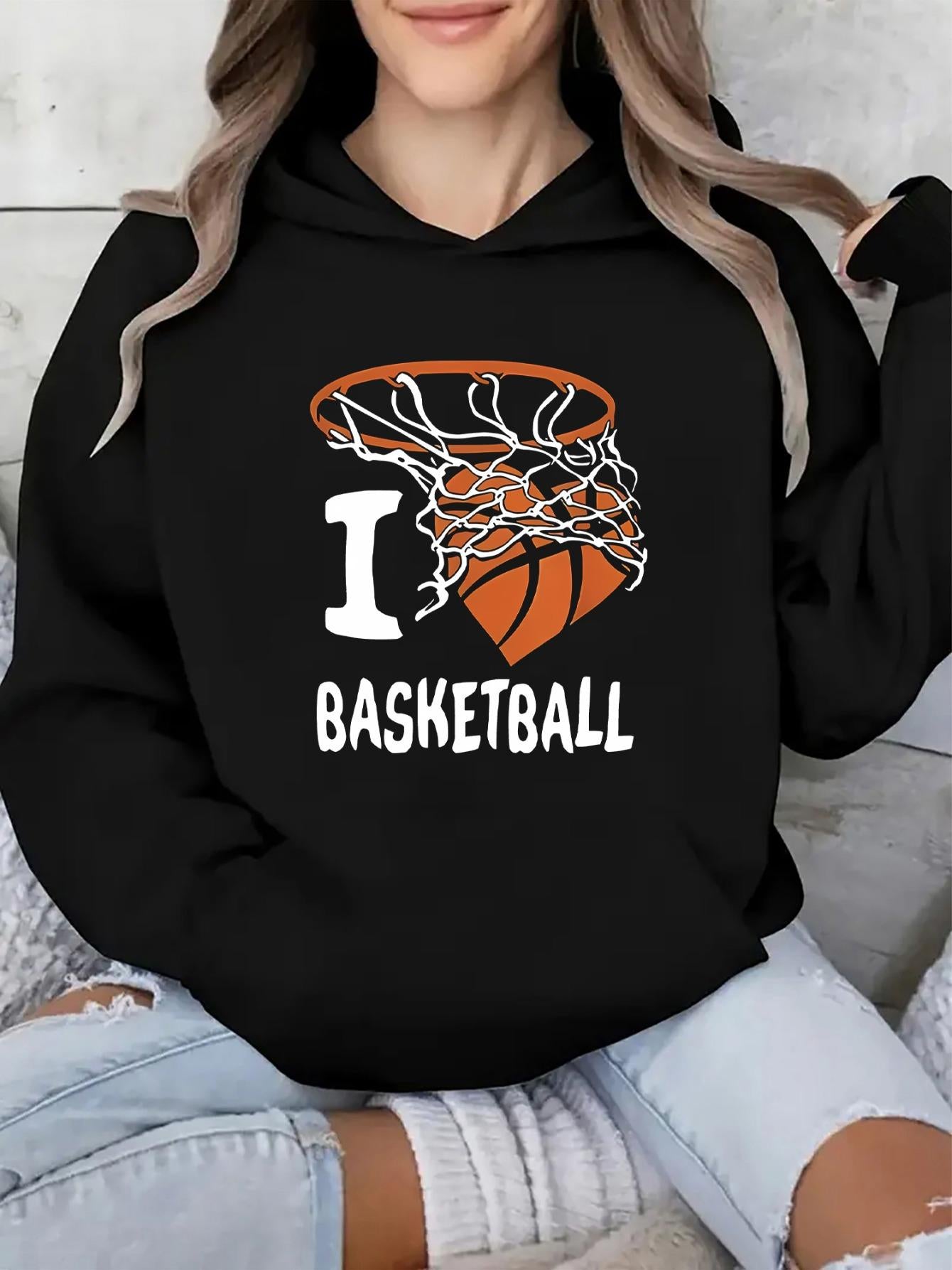 Tailorly Women's Printed Hoodie - I Love Net With Basketball Scoring Through Hoop Artwork