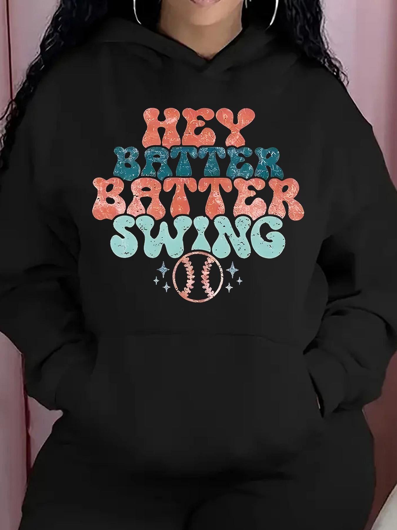 Tailorly Women's Printed Hoodie - Hey Batter Batter Swing Colorful Retro Text With Classic Baseball Graphic
