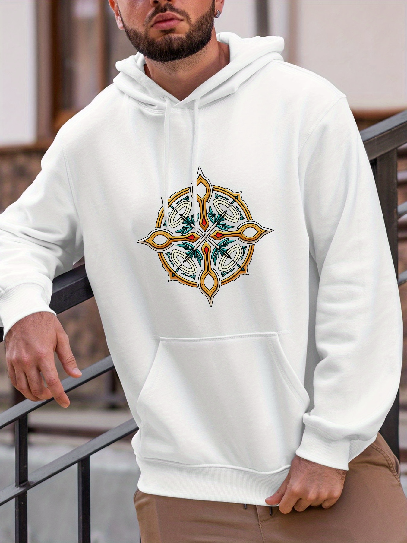 Tailorly Men's Printed Hoodie - Golden Lattice Star Motif With Blue Green Florals And Leaf Pattern Emblem