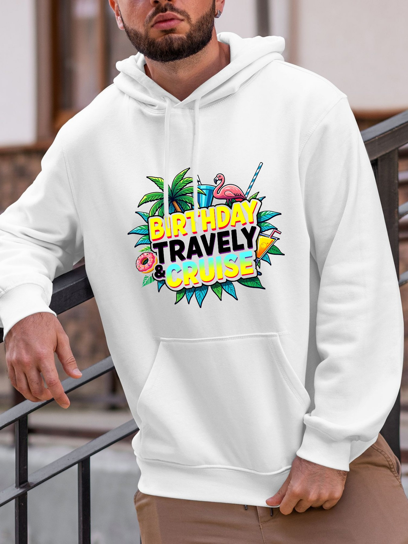 Tailorly Men's Printed Hoodie - Birthday Travely Cruise With Exotic Leaves Flamingo And Tropical Flowers