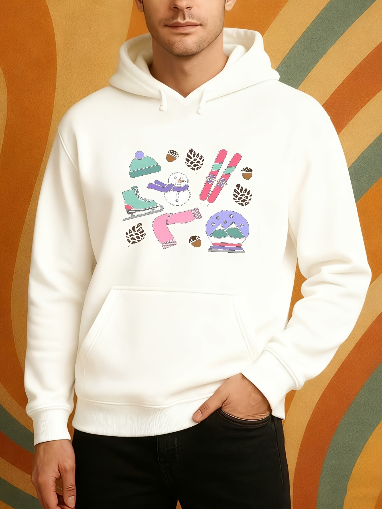 Tailorly Men's Printed Hoodie - Colorful Winter Gear With Skis And Cozy Knitted Hat