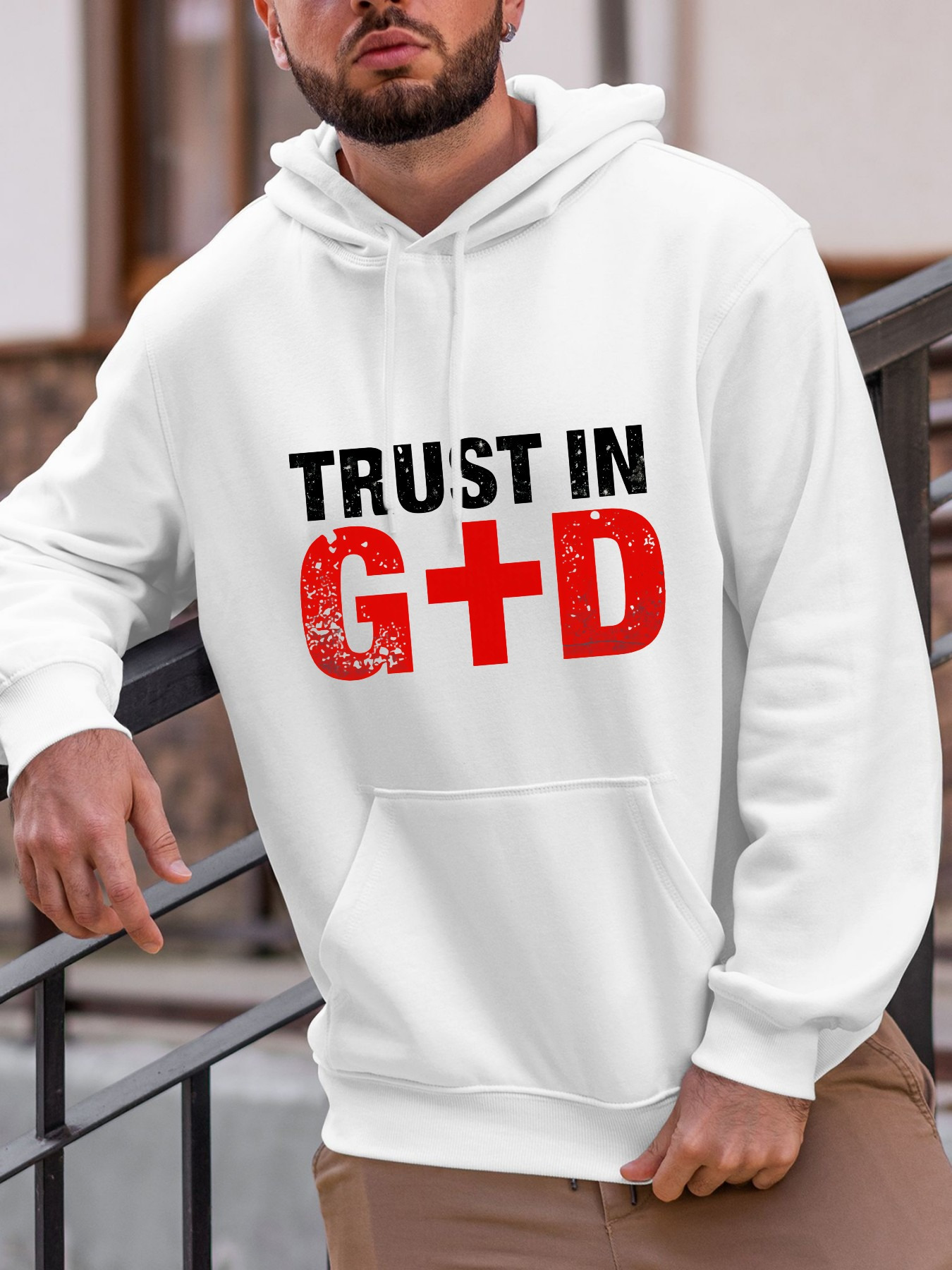Tailorly Men's Printed Hoodie - Trust In Bold Lettering With Distressed Red Lettering God