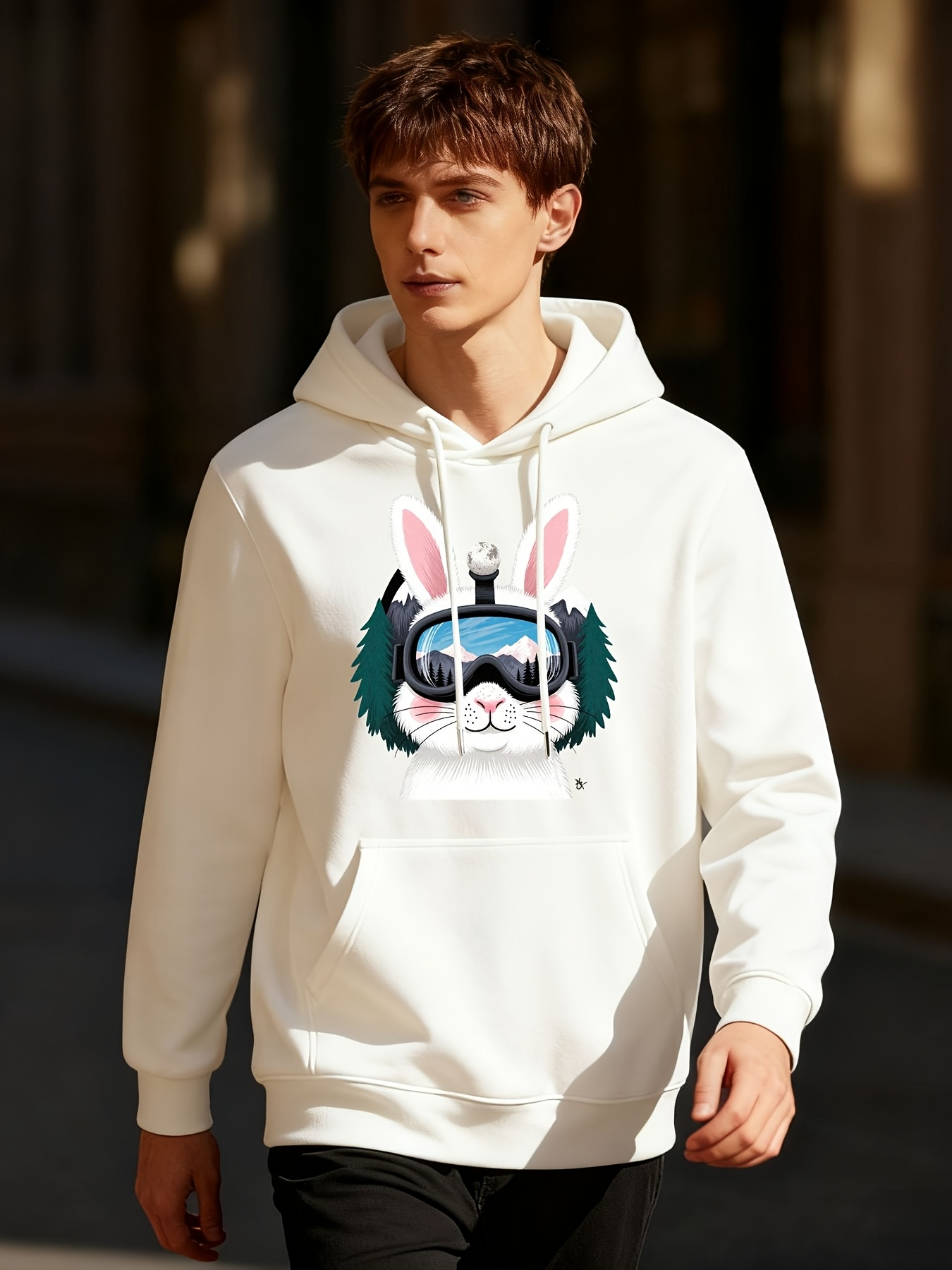 Tailorly Men's Printed Hoodie - Cool Rabbit Wearing Blue Goggles With Pine Branches Surrounding Bunny