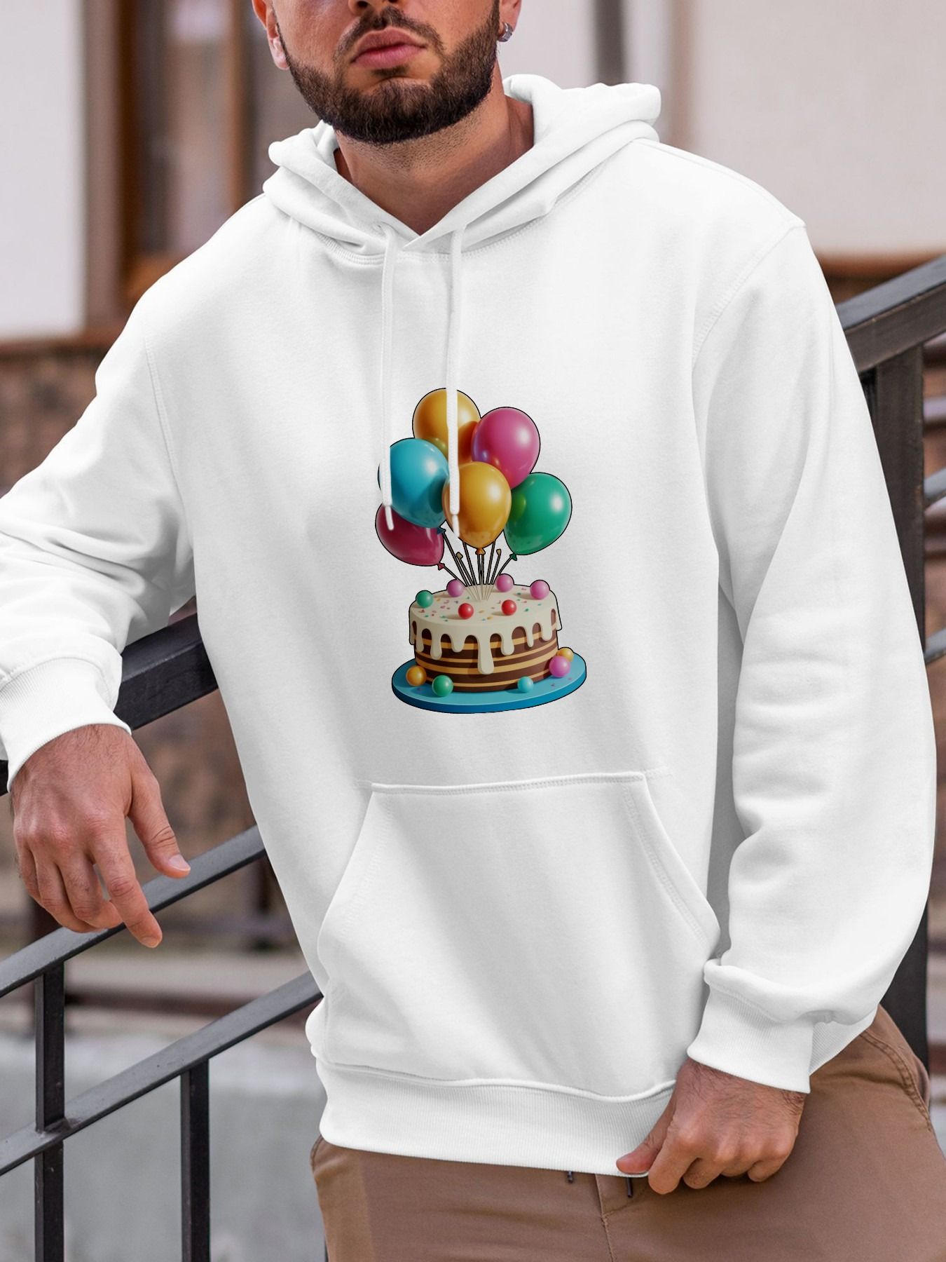 Tailorly Men's Printed Hoodie - Colorful Birthday Candles With Balloons On Frosted Cake
