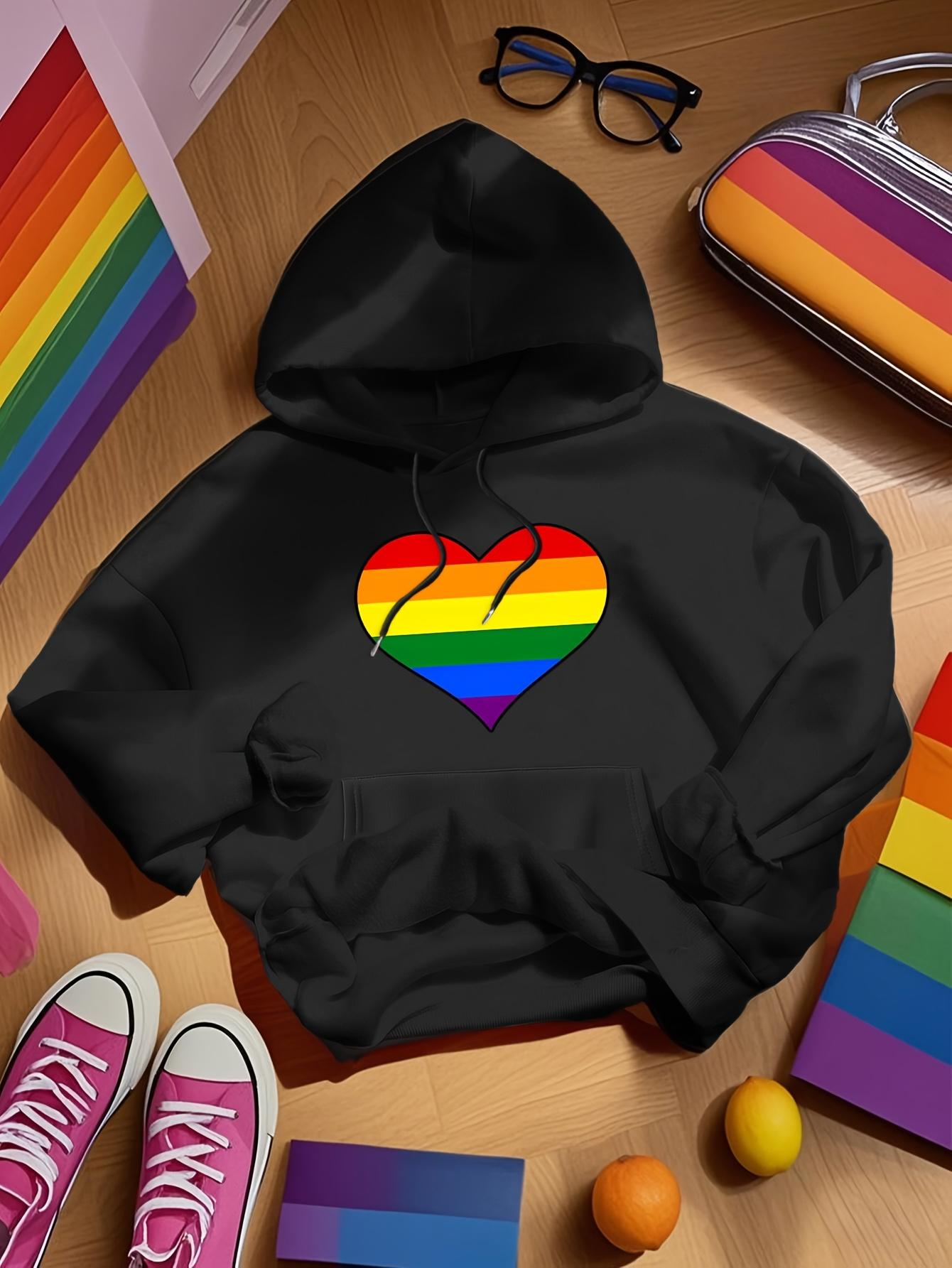 Tailorly Women's Printed Hoodie - Bold Striped Rainbow Heart On Classic Black Hoodie