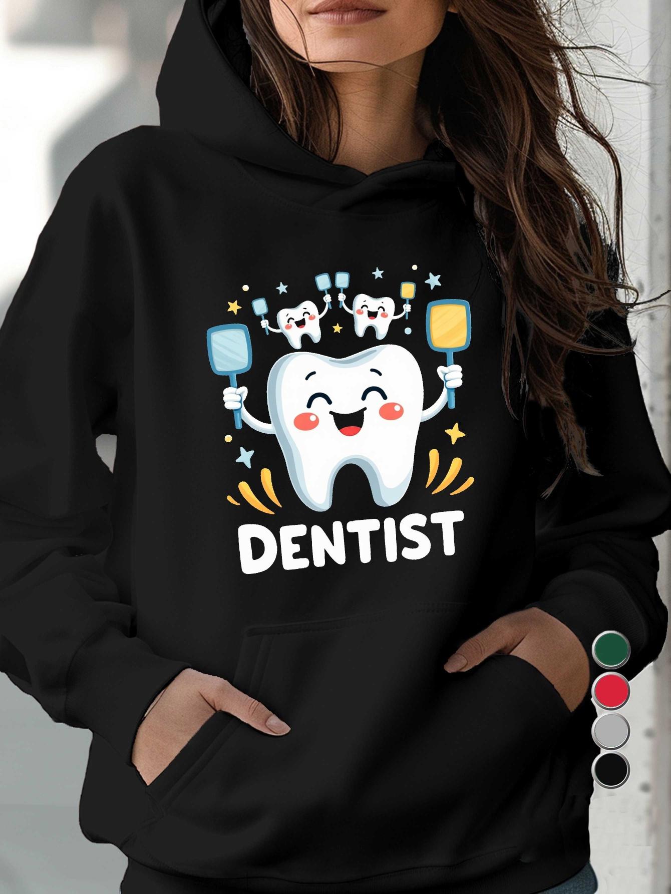 Tailorly Women's Printed Hoodie - Dentist Happy Cartoon Tooth With Sparkling Brushes And Smiling Characters Tooth