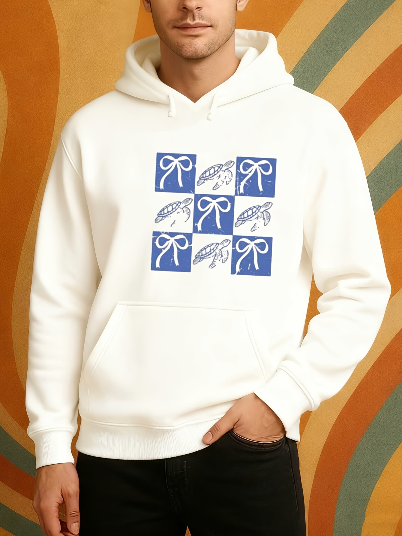 Tailorly Men's Printed Hoodie - Blue Repeated Blocks Featuring Bows And Decorative Leaves Hoodie