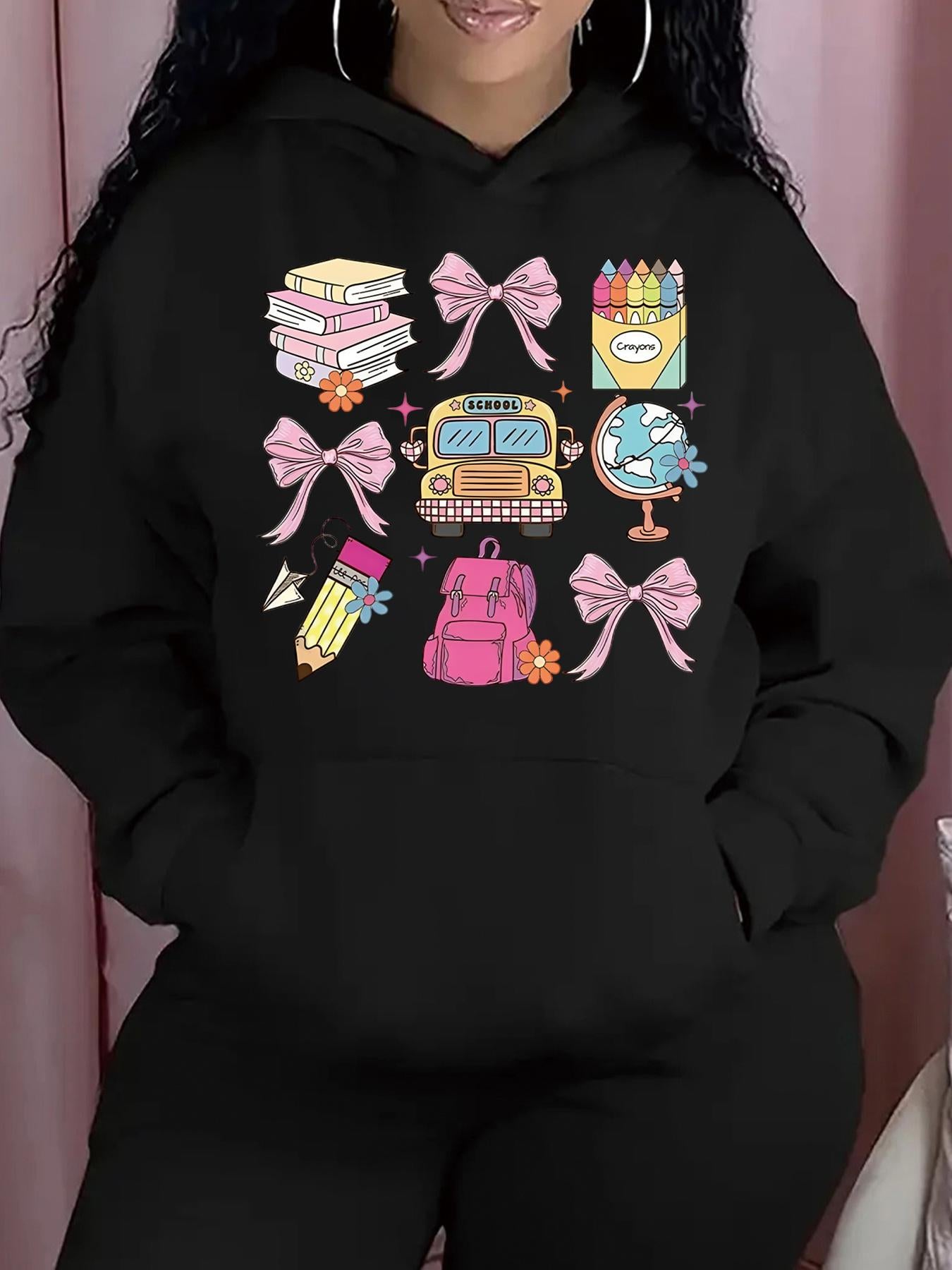 Tailorly Women's Printed Hoodie - Pink Bows With School Supplies Pencil Globe Backpack Books