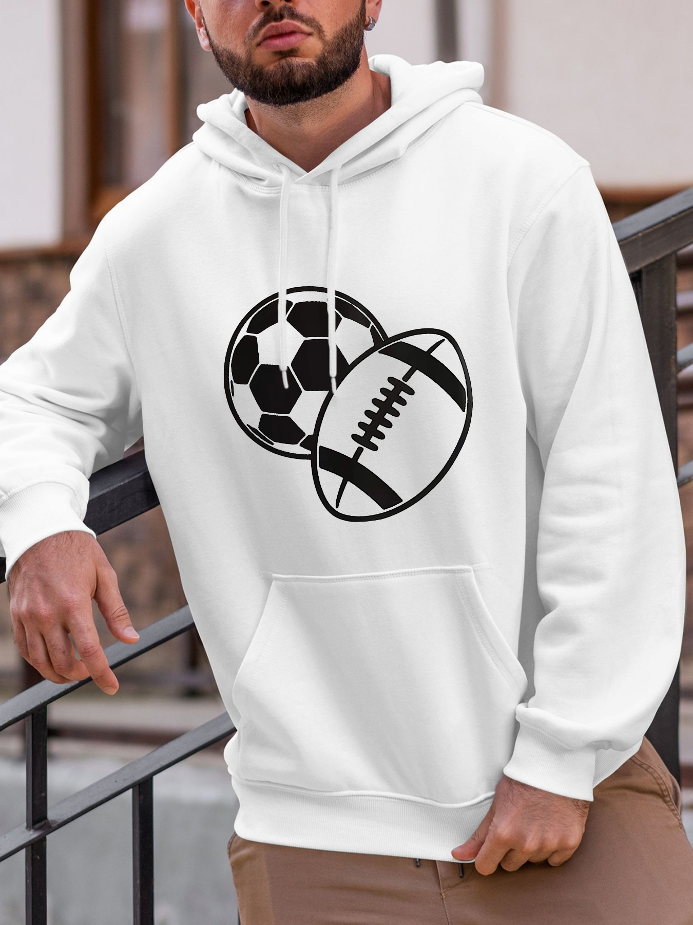 Tailorly Men's Printed Hoodie - Monochrome Graphic With Overlapping Football And Soccer Ball
