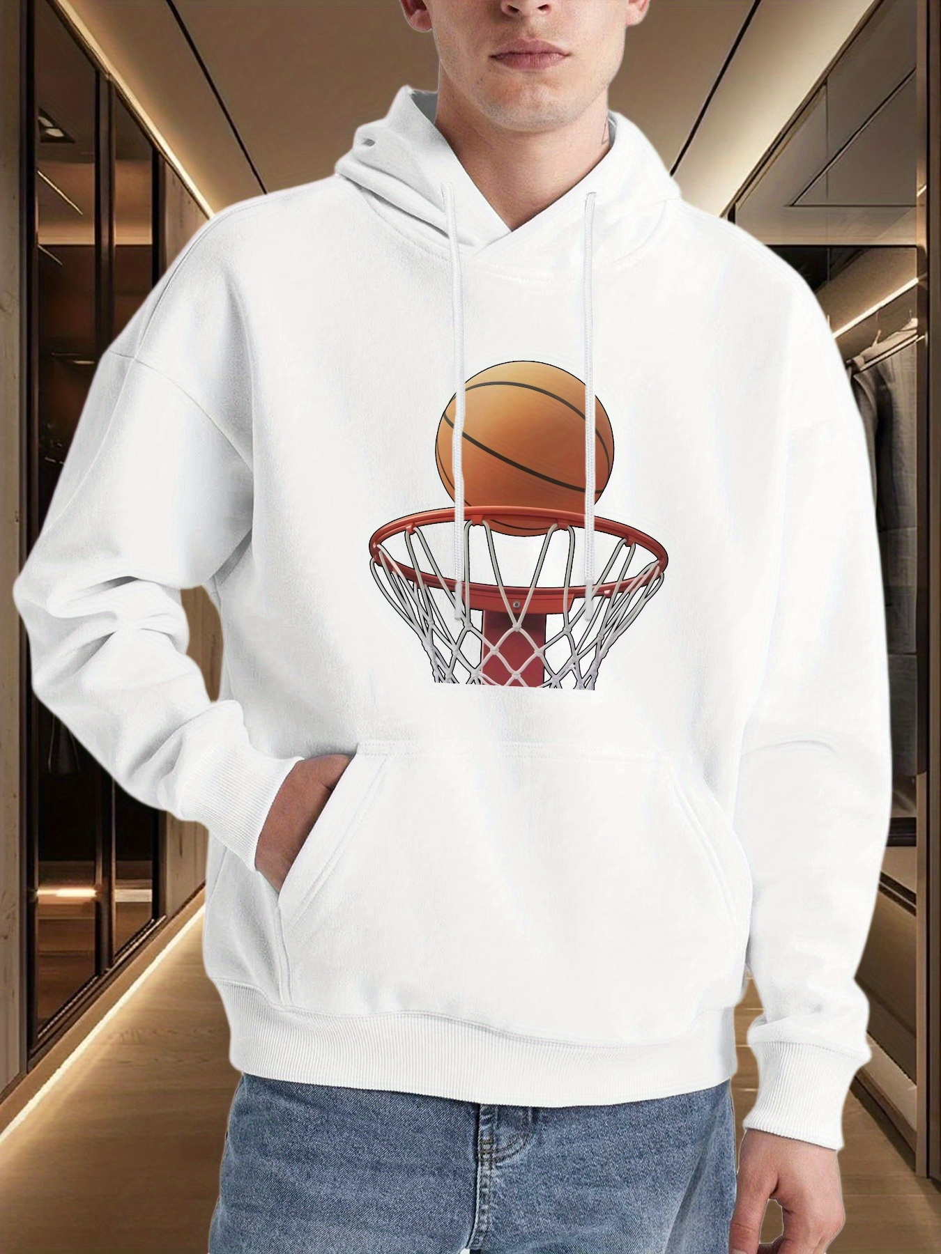 Tailorly Men's Printed Hoodie - Shining Orange Basketball With Net Under Soft Evening Lights