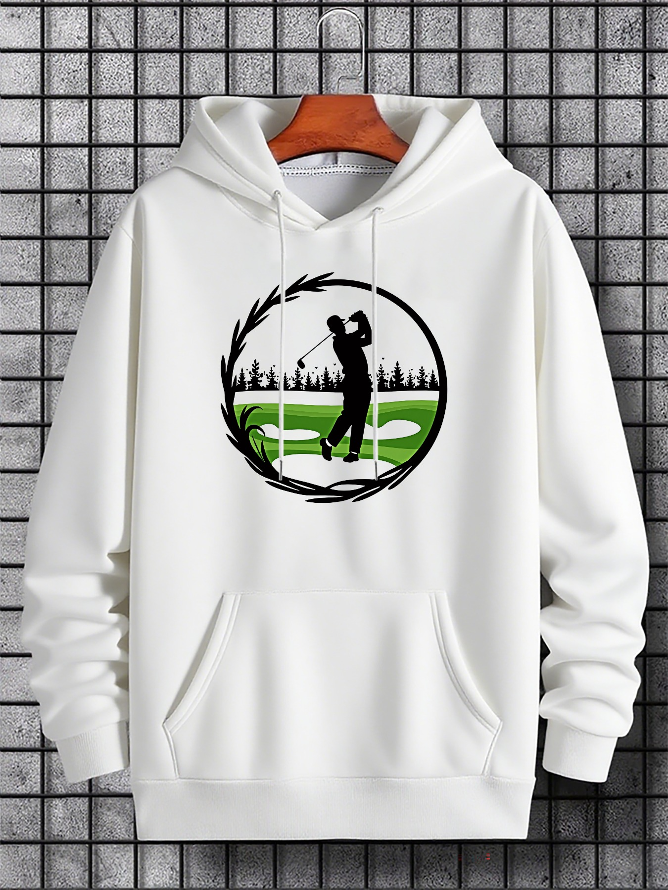 Tailorly Men's Printed Hoodie - Silhouette Of A Golfer Among Trees With Green Field Hoodie