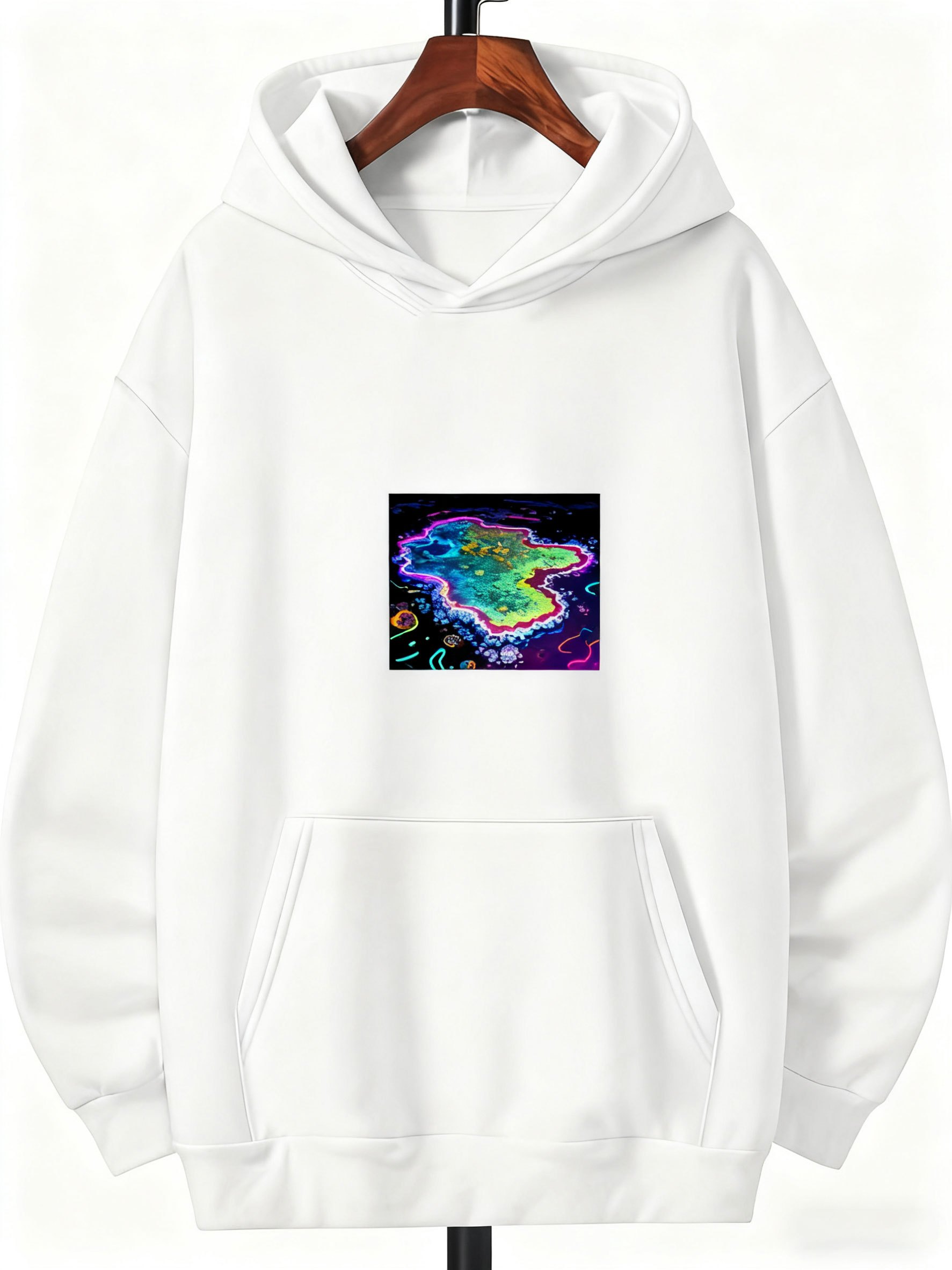 Tailorly Men's Printed Hoodie - Vivid Neon Swirls Surrounding Energetic Light Strokes Abstract Painting