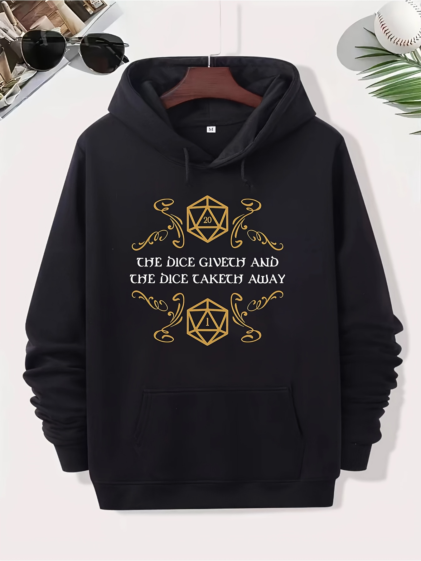 Tailorly Men's Printed Hoodie - The Dice Giveth And The Dice Taketh Away Ornate Golden Design With Geometric Dice Art Pattern