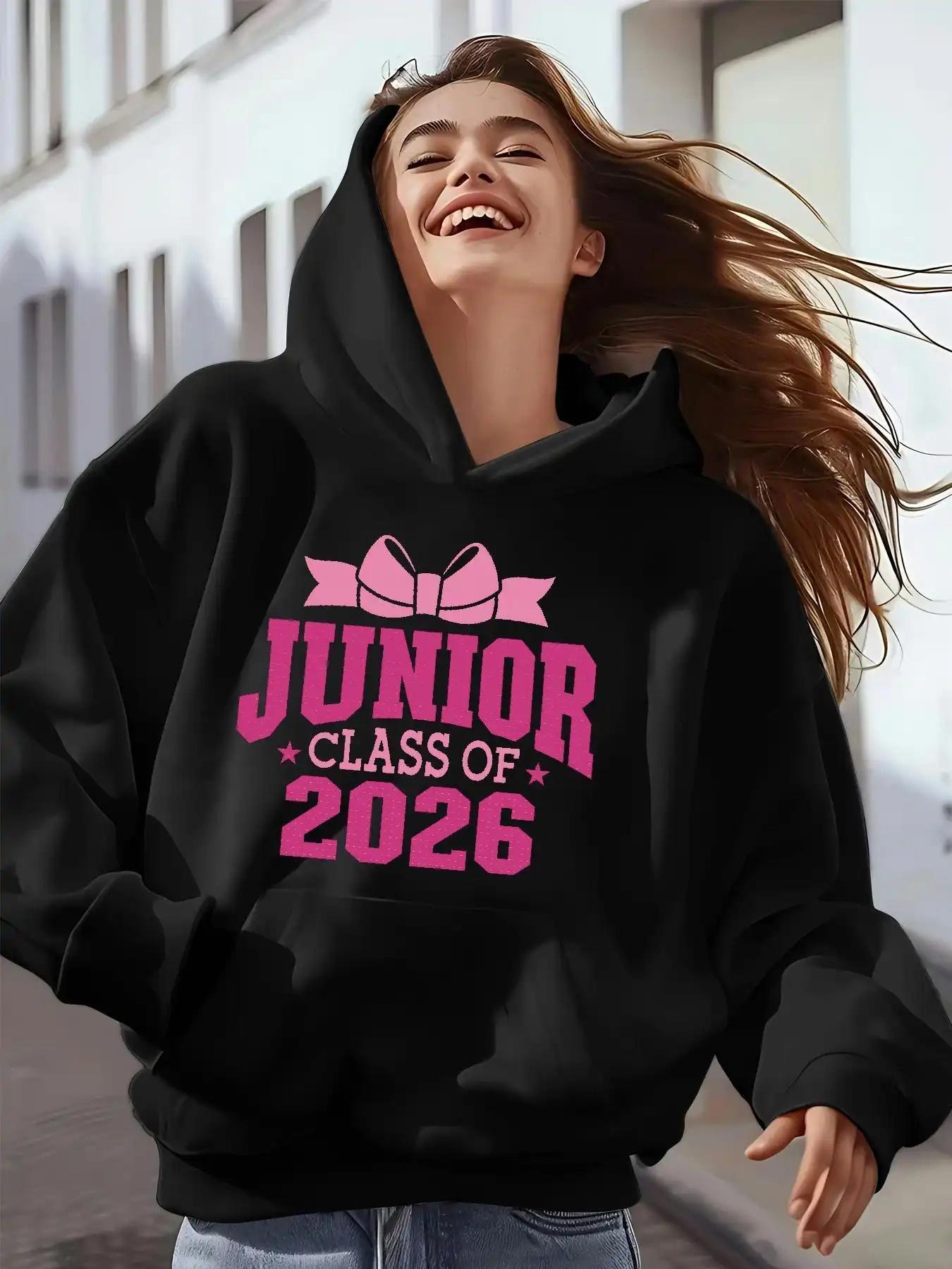Tailorly Women's Printed Hoodie - Pink Ribbon With Bold Letters Class Of 2026 Junior Hoodie