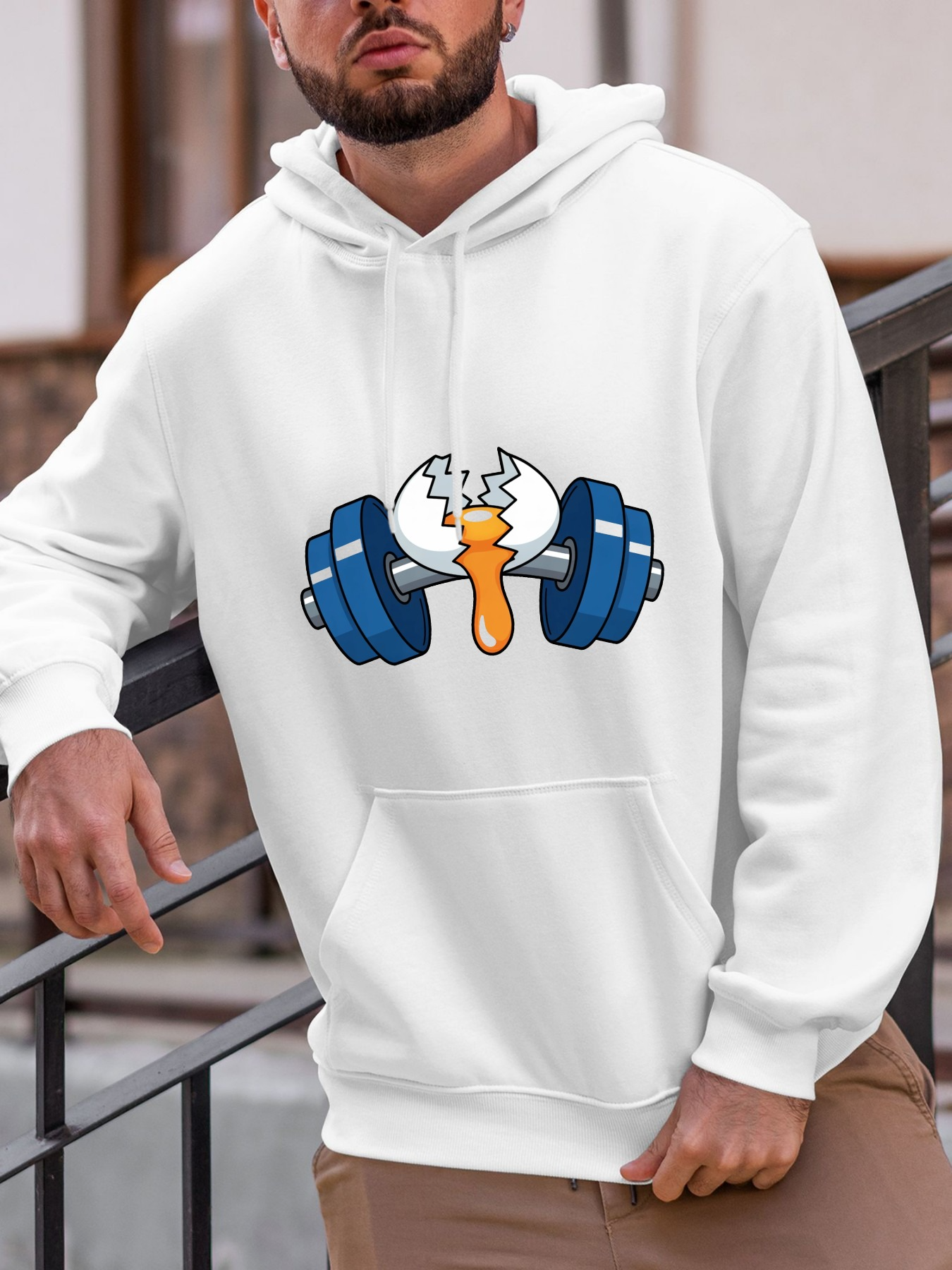 Tailorly Men's Printed Hoodie - Cracked Shell With Blue Dumbbell Surrounded By Cartoon Yolk Dumbbell
