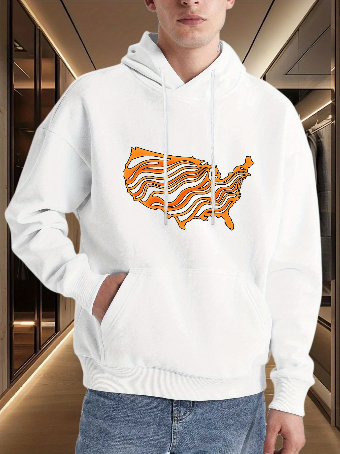 Tailorly Men's Printed Hoodie - Abstract Swirling Orange And Brown Pattern Inside American Map Outline