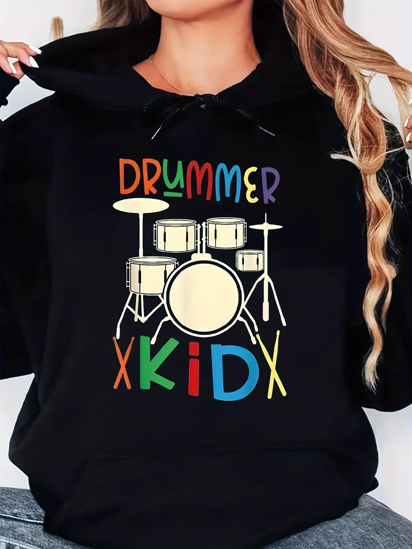 Tailorly Women's Printed Hoodie - Drummer Kid With Colorful Letters And Classic Musical Instrument Drum Set