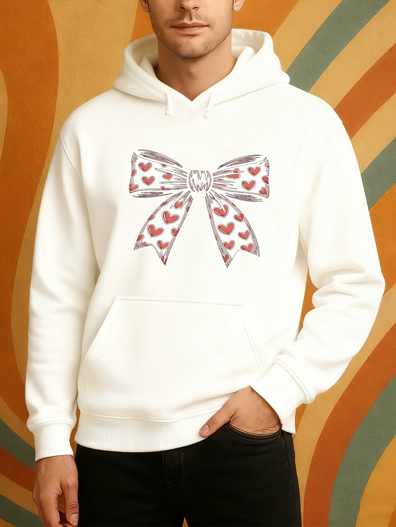 Tailorly Men's Printed Hoodie - Elegant Ribbon With Heart Pattern Gracefully Spread On White Bow
