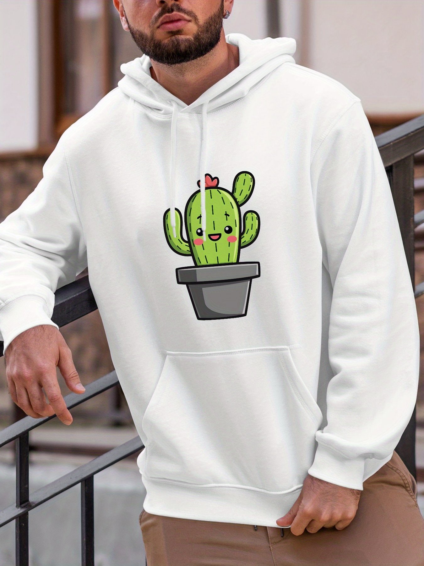 Tailorly Men's Printed Hoodie - Playful Potted Cactus Smiling Cheerfully With Pink Flower Decoration