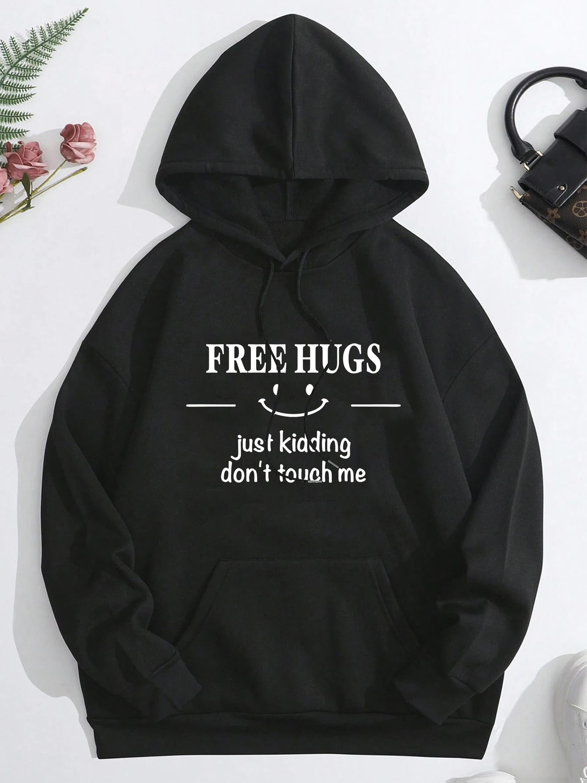 Tailorly Women's Printed Hoodie - Free Hugs Just Kidding Dont Touch Me With Smiling Face Hoodie