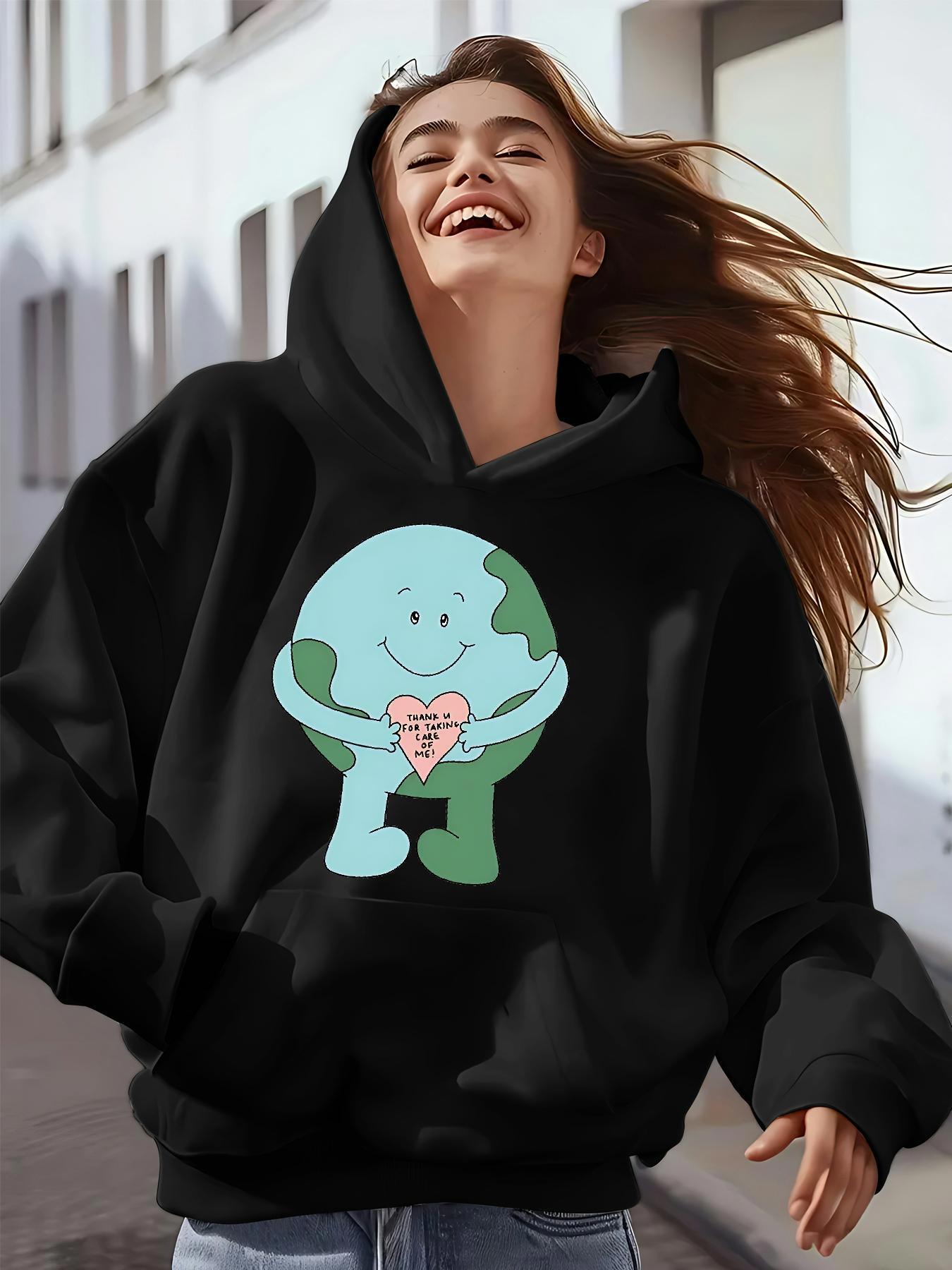 Tailorly Women's Printed Hoodie - Cute Blue Earth Cartoon Character Holding A Pink Heart Earth