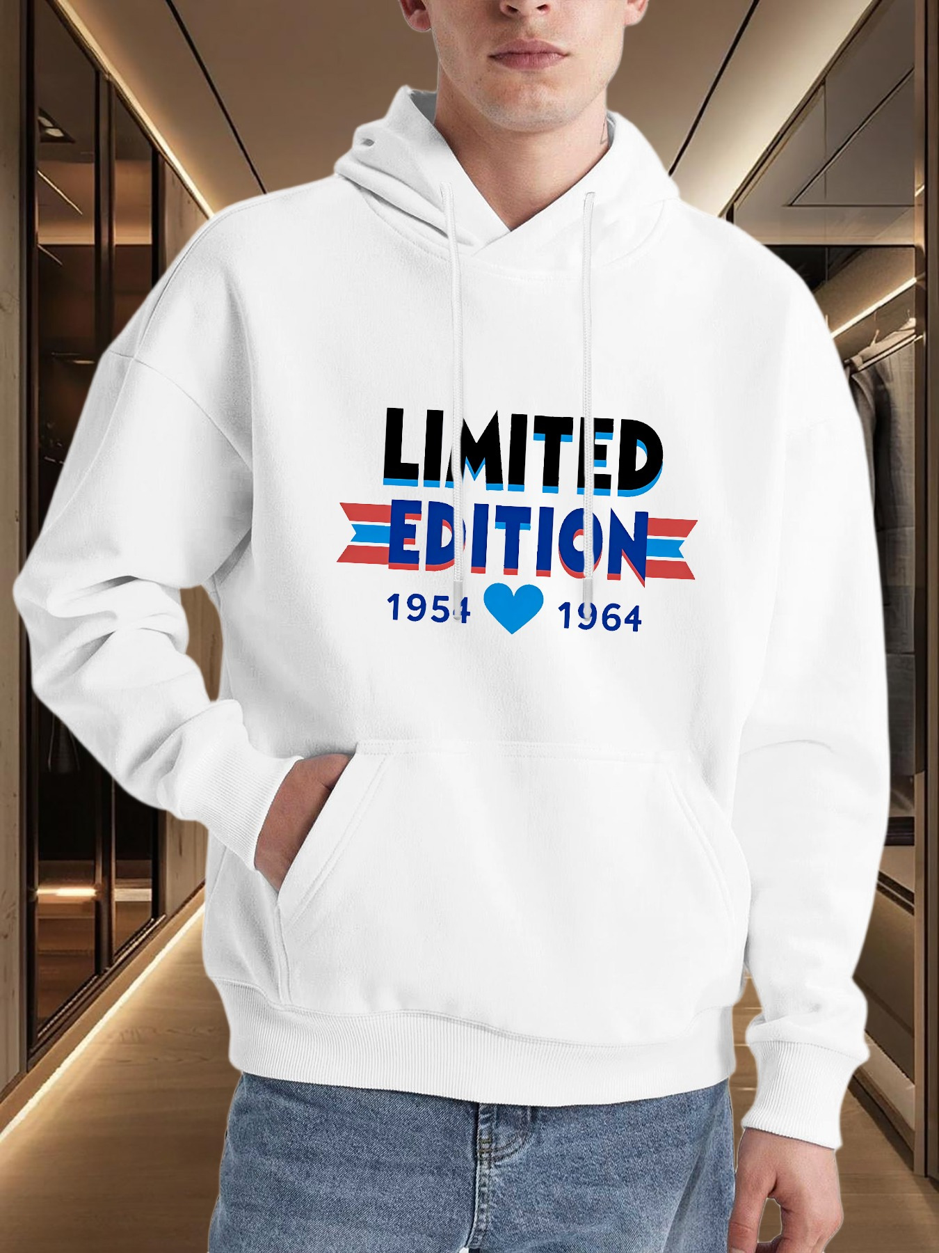 Tailorly Men's Printed Hoodie - Limited Edition Blue Heart With Red Stripes Among Bold Letters Hoodie