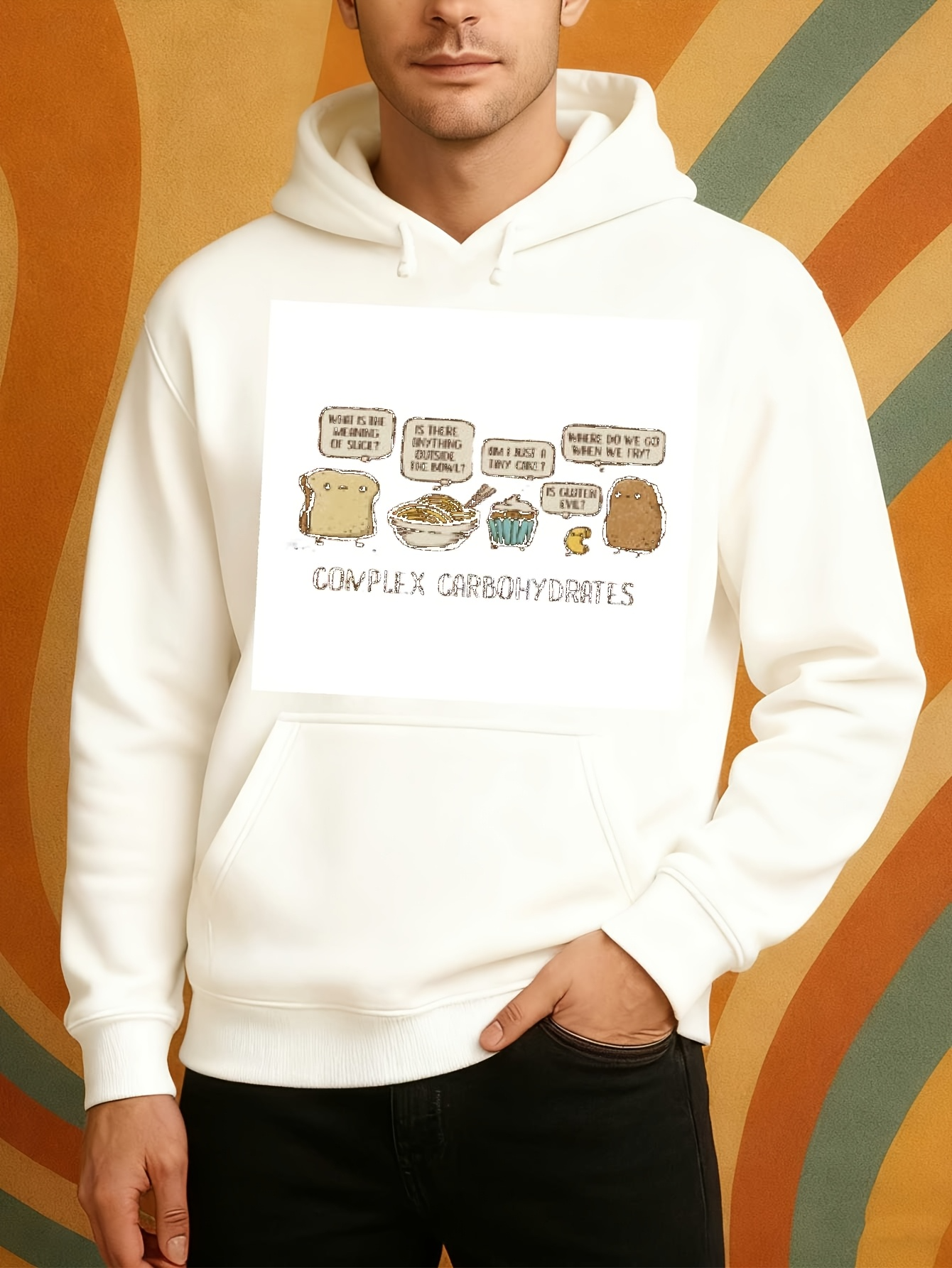 Tailorly Men's Printed Hoodie - Complex Carbohydrates With Whimsical Food Characters On Soft White Hoodie