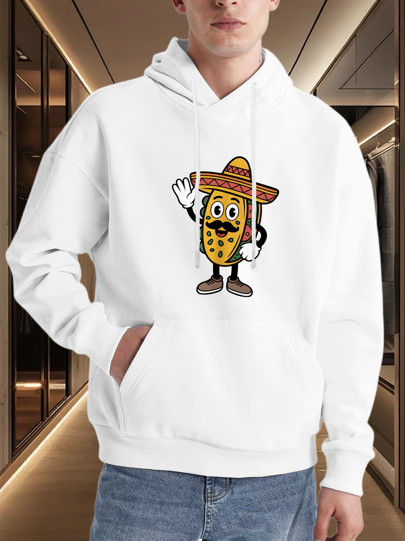 Tailorly Men's Printed Hoodie - Cartoon Sombrero Wearing Happy Fiesta Taco Character