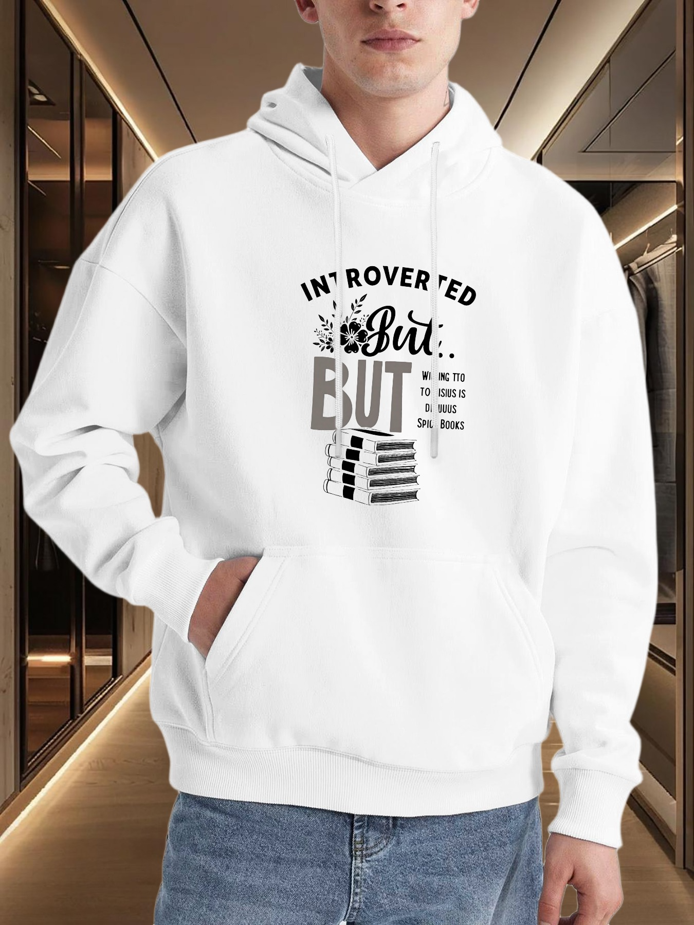 Tailorly Men's Printed Hoodie - Introverted But Books And Headphones On A White Hoodie
