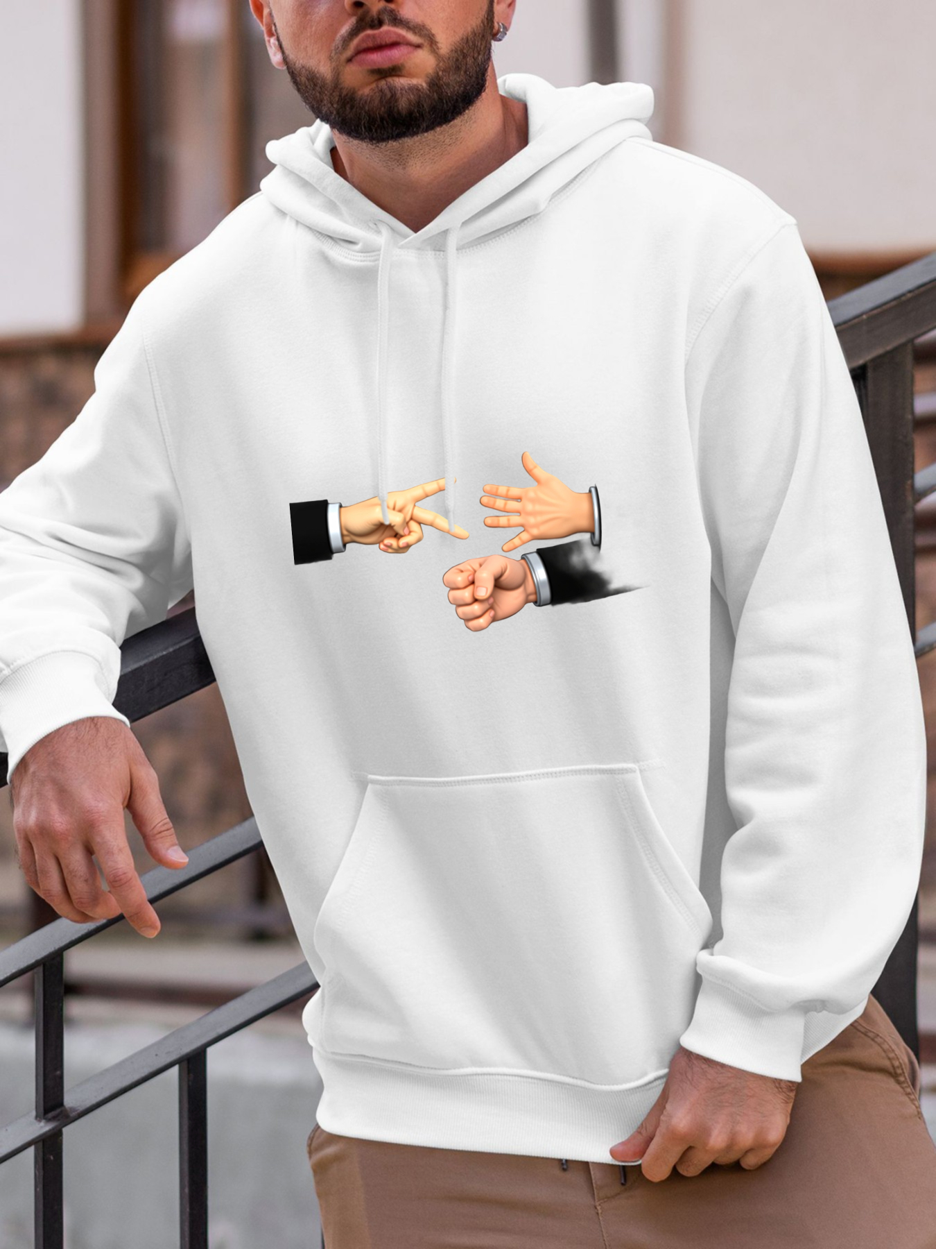 Tailorly Men's Printed Hoodie - Business Attire Hands Gesturing Rock Paper Scissors Among White Background Hoodie