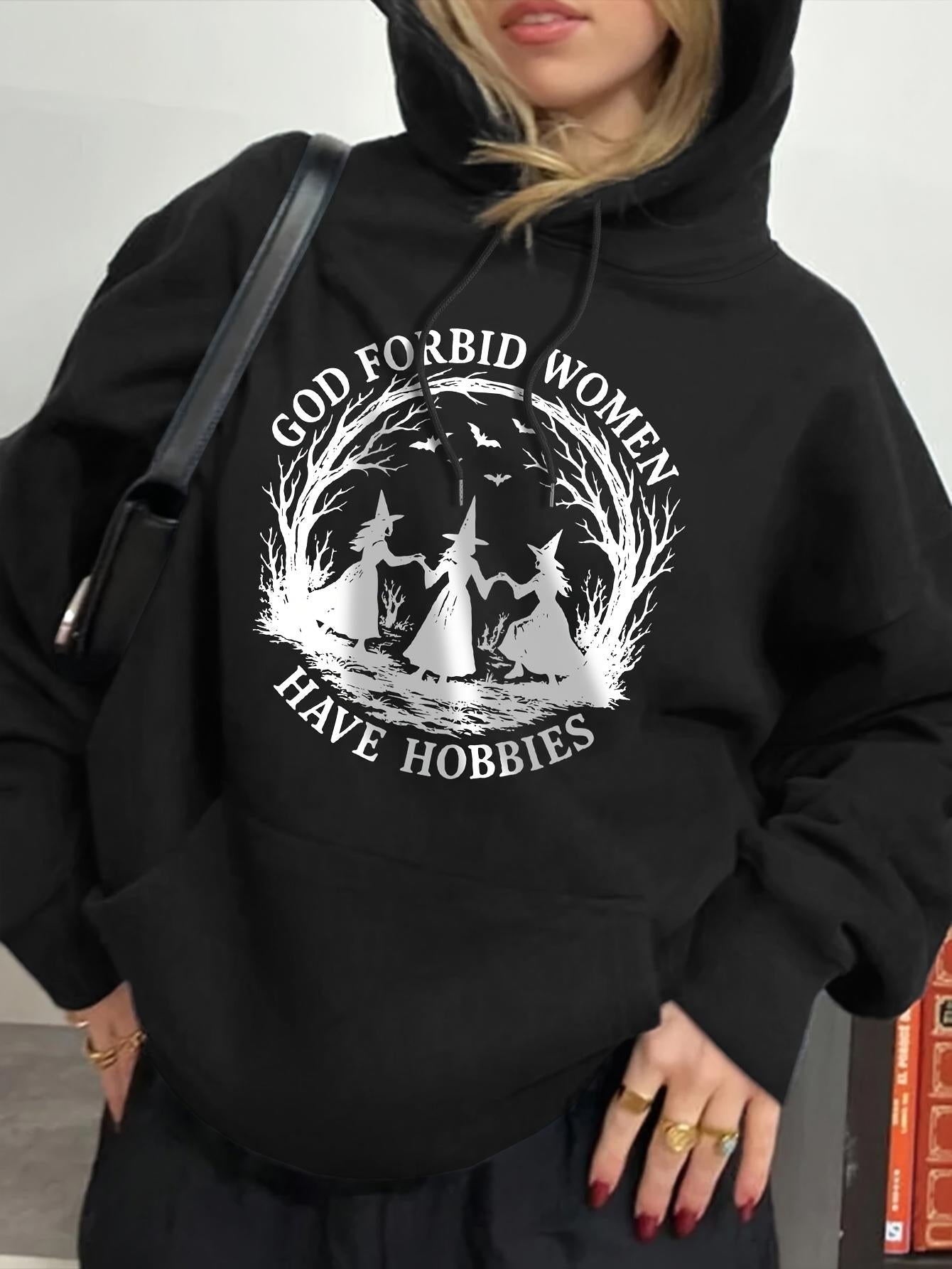 Tailorly Women's Printed Hoodie - God Forbid Women Dancing Under Crescent Moon With Branches Silhouette Hobby
