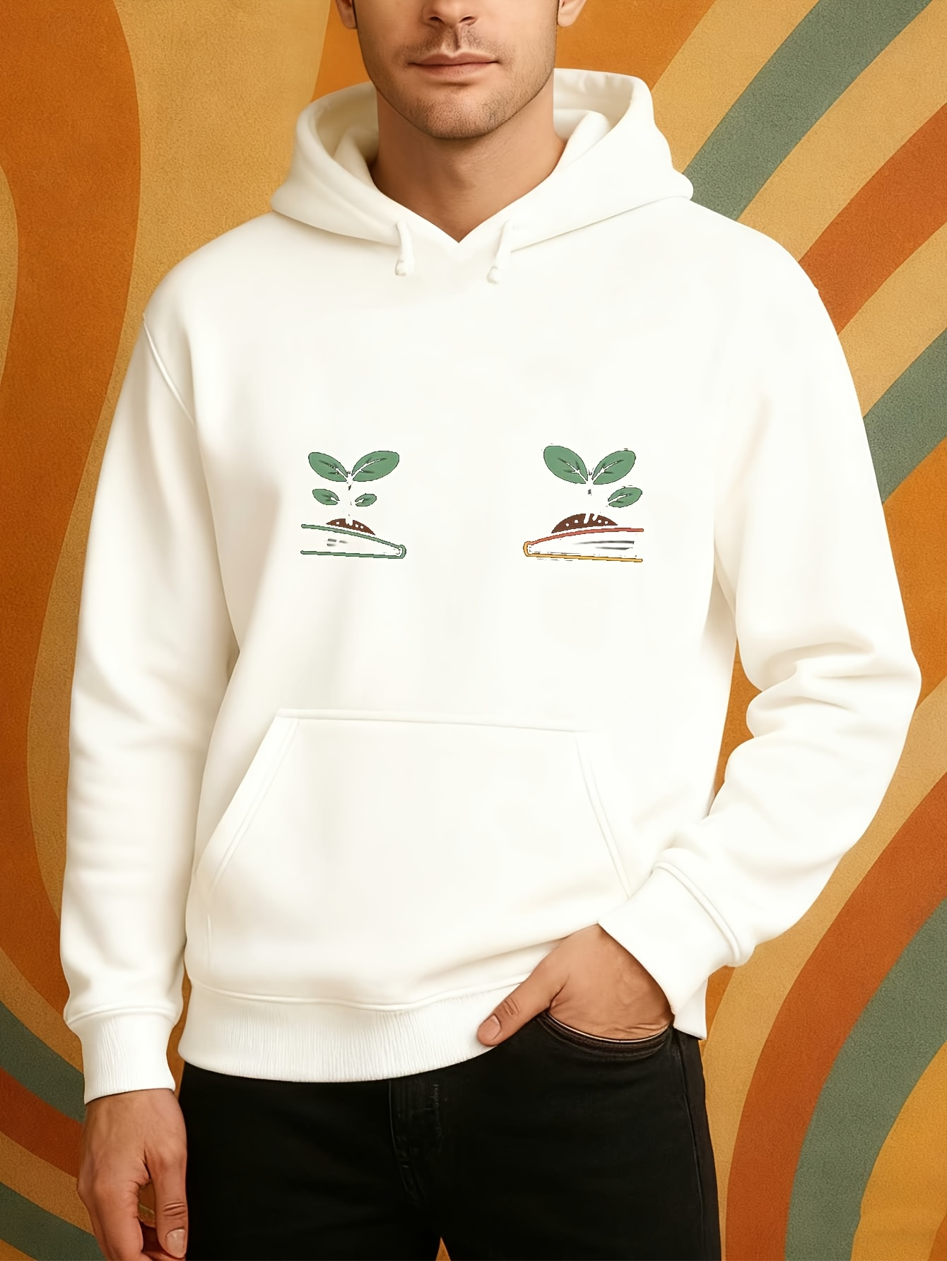 Tailorly Men's Printed Hoodie - Sprouting Leaves Among Rising Sunshine Over Earthy Ground Seedlings