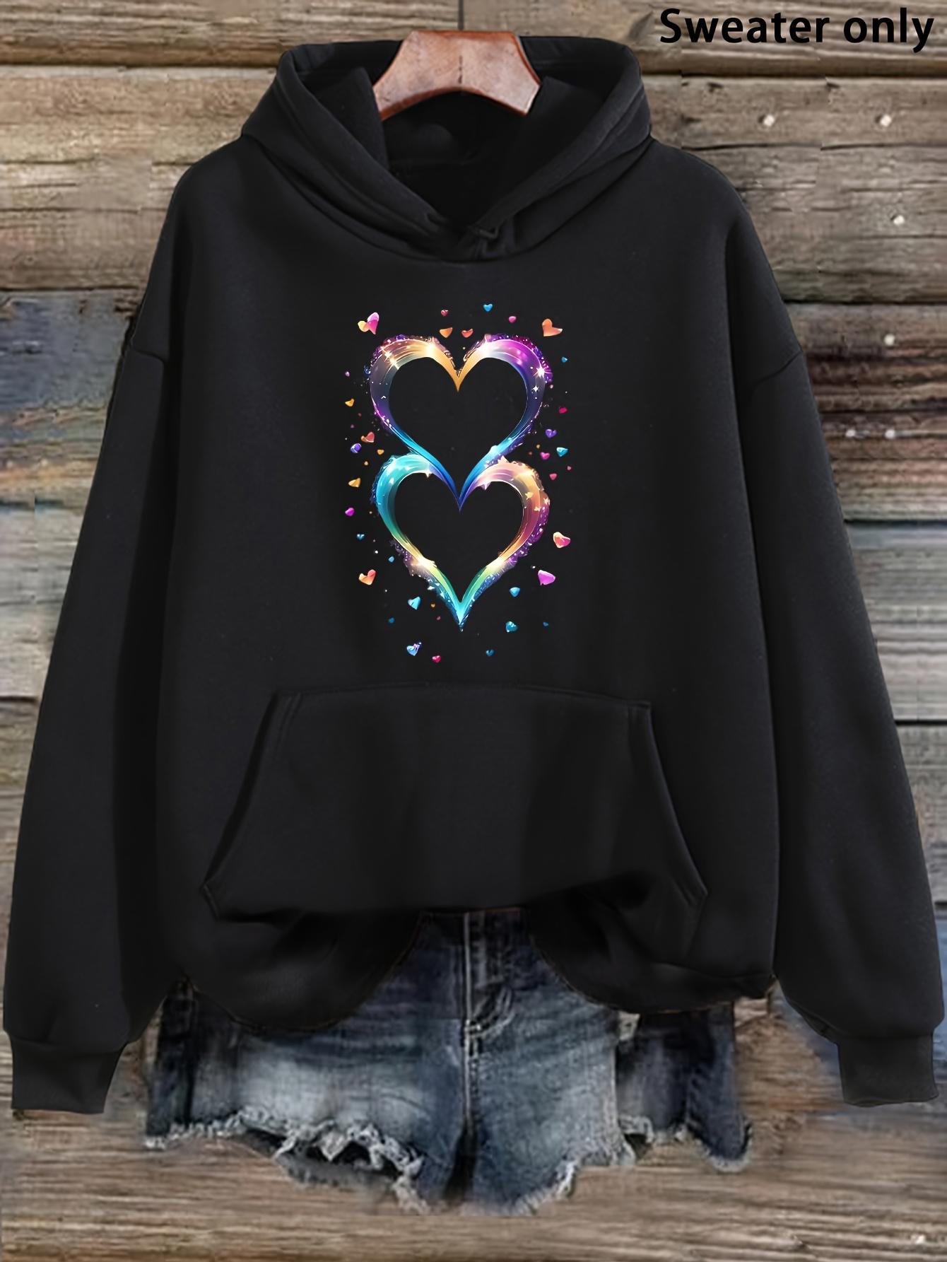 Tailorly Women's Printed Hoodie - Colorful Neon Glow With Scattered Small Hearts Double Heart