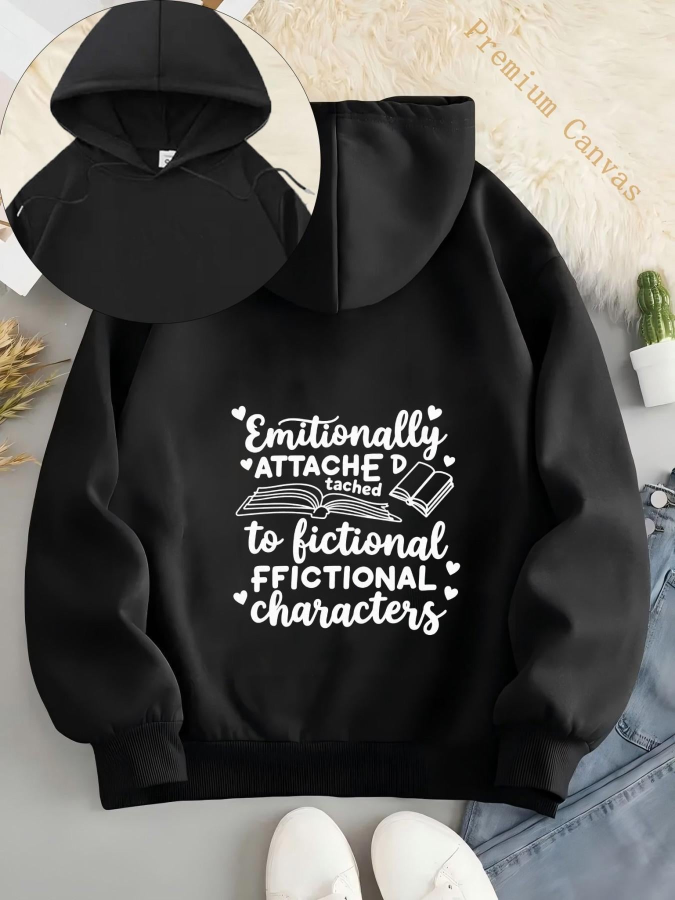 Tailorly Women's Printed Hoodie - Emotionally Attached Heart Book With Whimsical Floating Fictional Characters