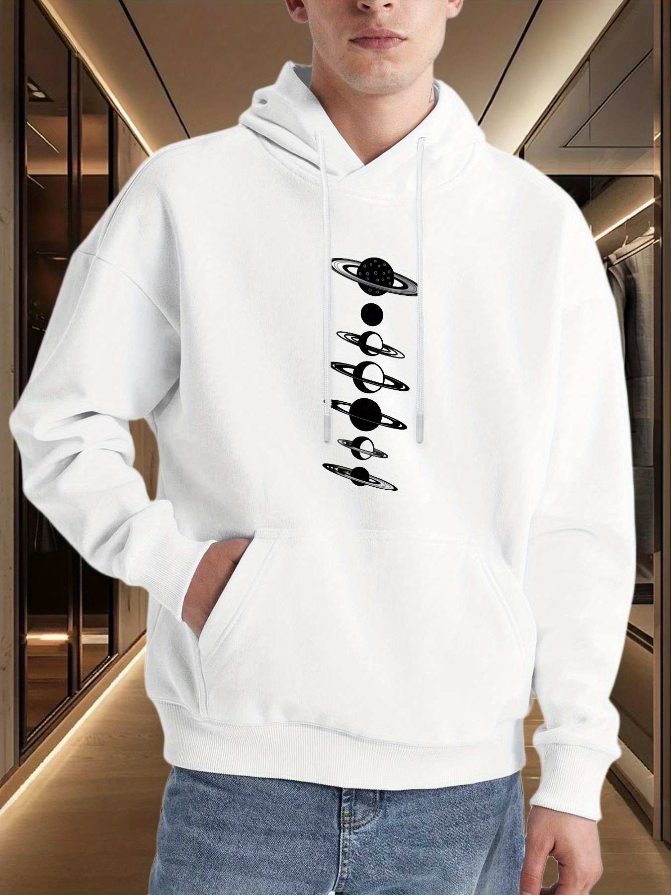 Tailorly Men's Printed Hoodie - Minimalist Monochrome Celestial Orbits With Planets And Saturn Motif